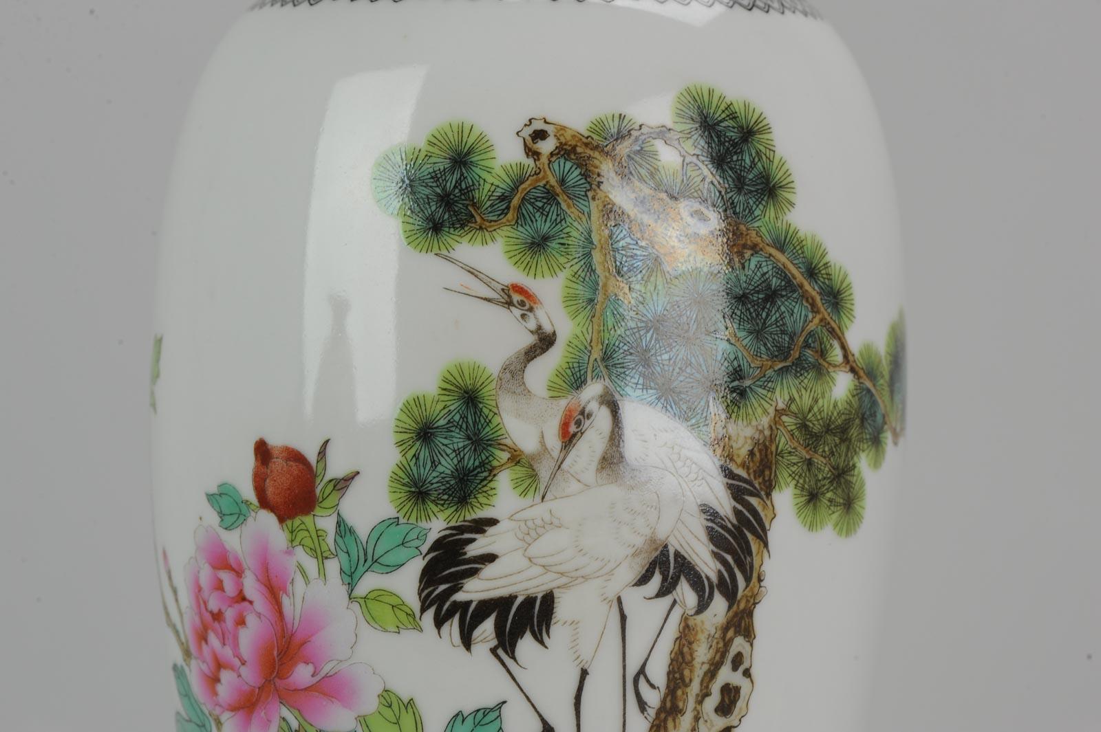 Marked Chinese porcelain 1960s-1970s ProC Vase Crane Birds in Garden Calligraphy 1