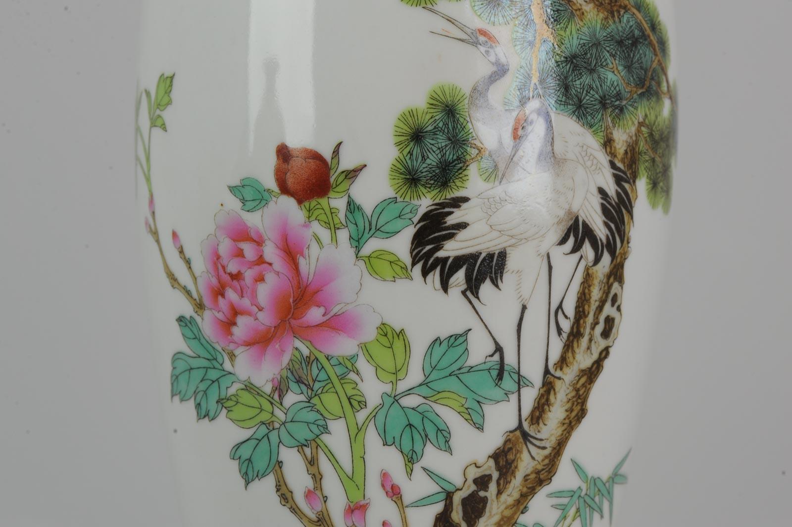 Marked Chinese porcelain 1960s-1970s ProC Vase Crane Birds in Garden Calligraphy 2