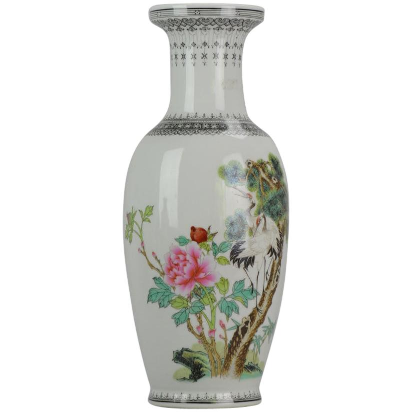 Marked Chinese porcelain 1960s-1970s ProC Vase Crane Birds in Garden Calligraphy