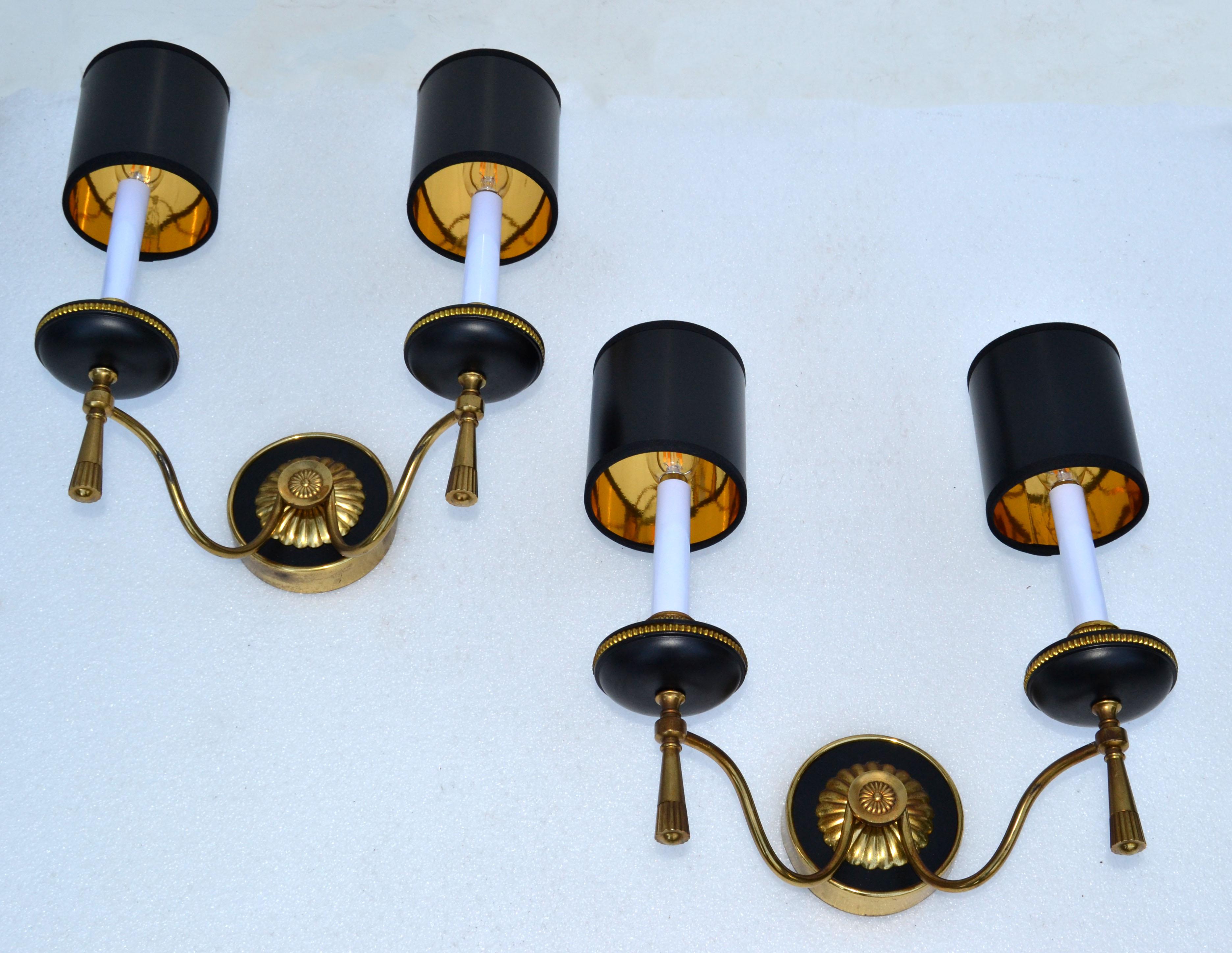 Mid-Century Modern Marked Gaetano Sciolari Two Lights Wall Sconces 2 Tone Brass Italy 1970s, Pair For Sale