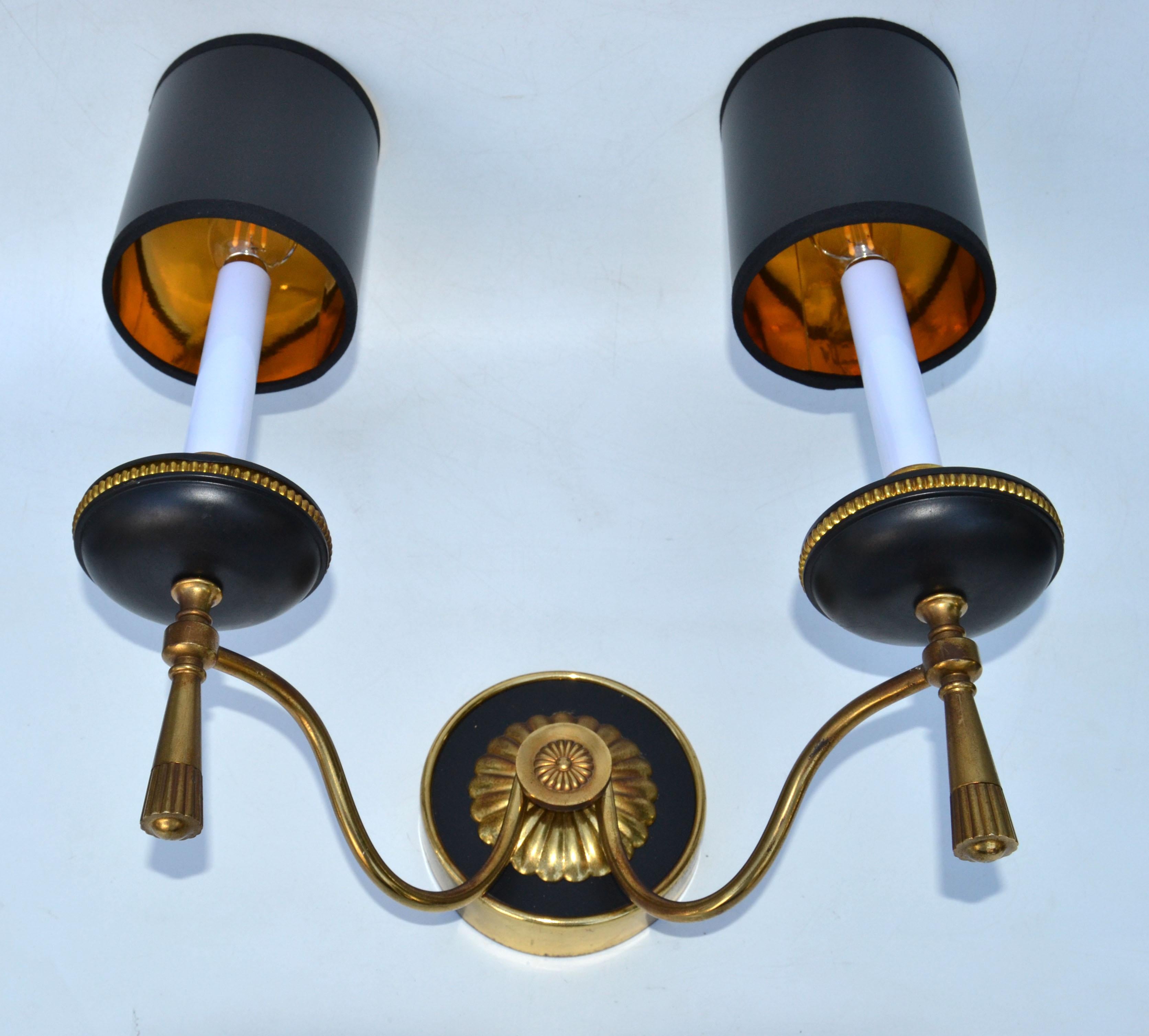 Late 20th Century Marked Gaetano Sciolari Two Lights Wall Sconces 2 Tone Brass Italy 1970s, Pair For Sale
