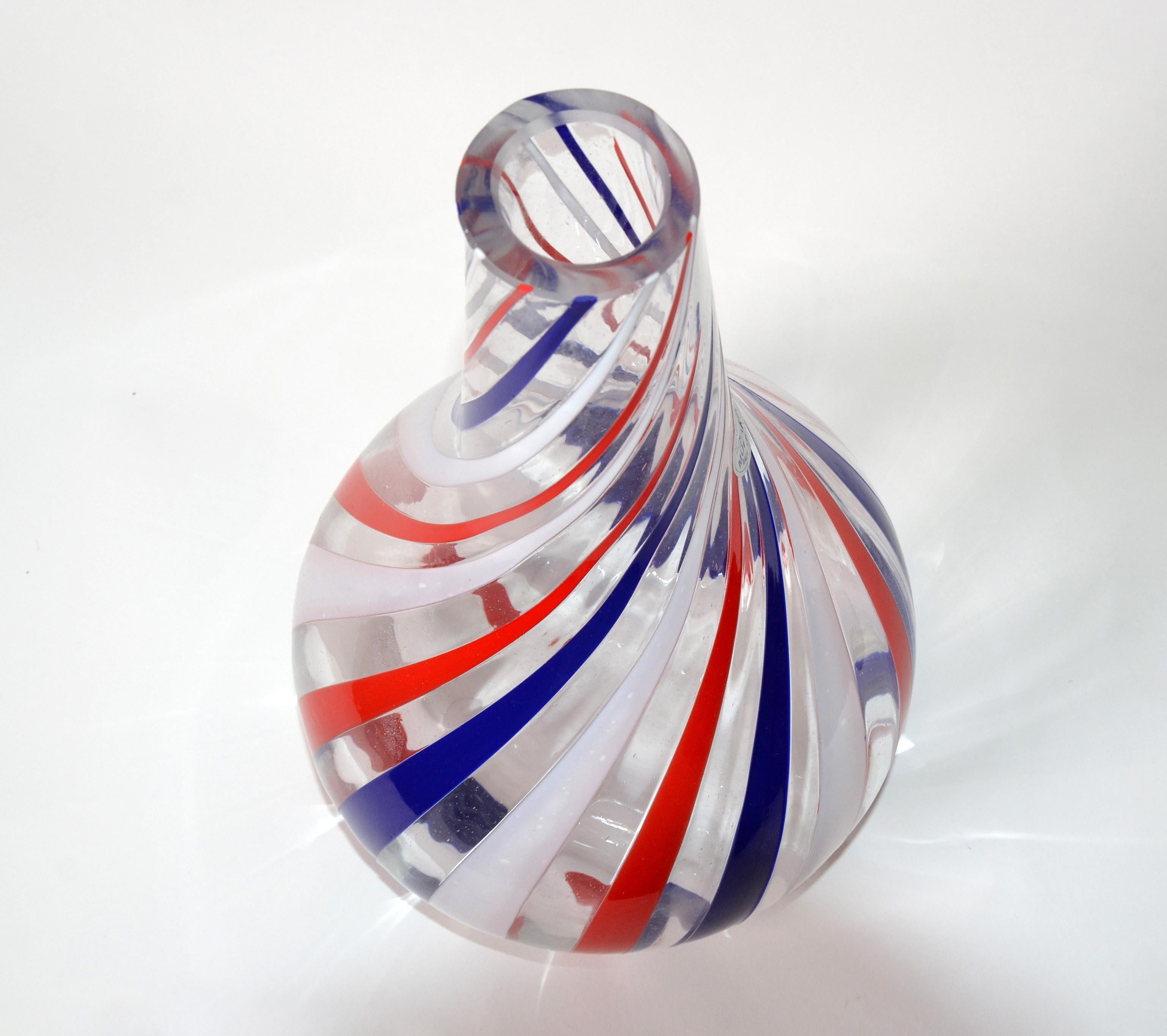 Marked Italian Blown Murano Decorative Vase Swirls of Red, White and Blue Color For Sale 3