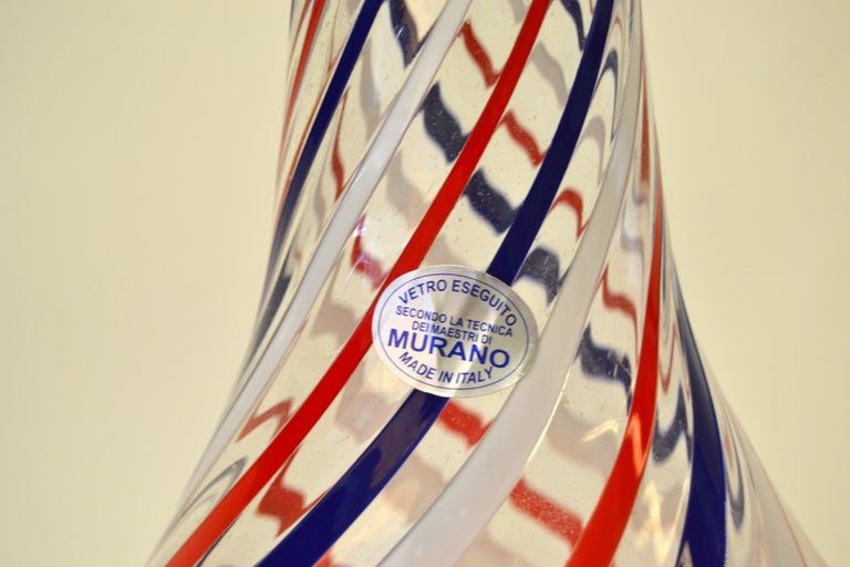 Marked Italian Blown Murano Decorative Vase Swirls of Red, White and Blue Color For Sale 4