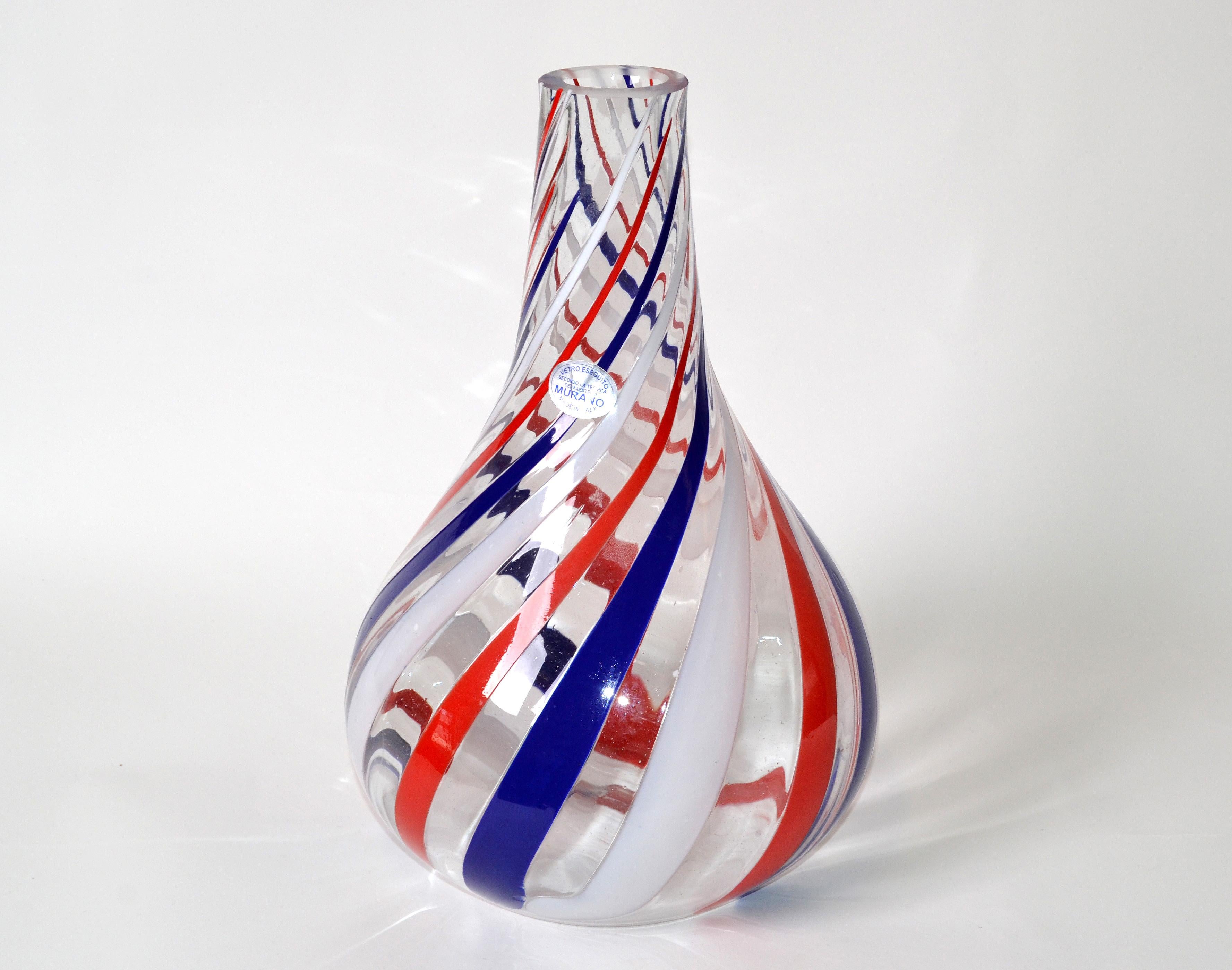 Marked Italian Blown Murano Decorative Vase Swirls of Red, White and Blue Color For Sale 5