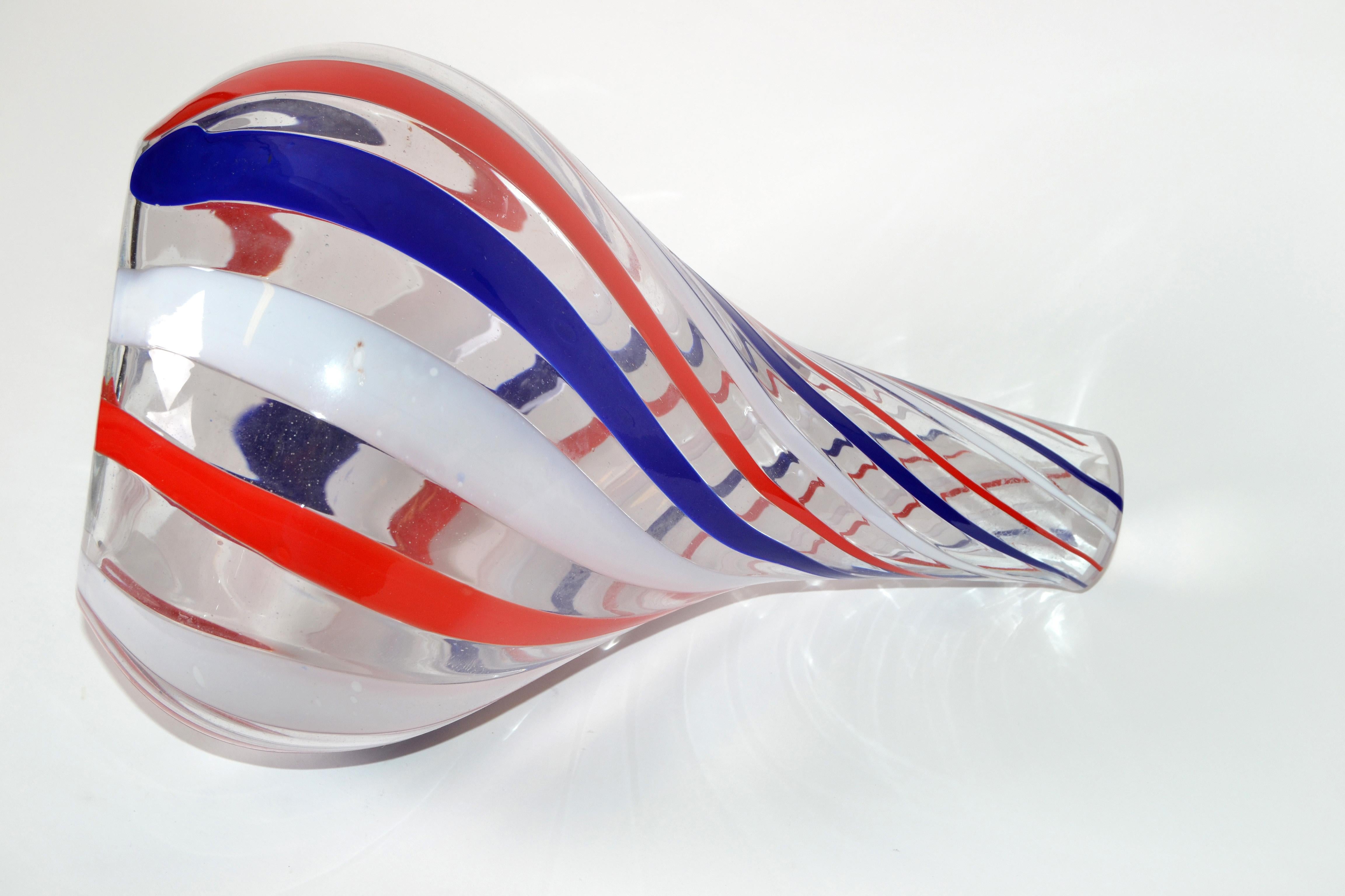 Mid-Century Modern Marked Italian Blown Murano Decorative Vase Swirls of Red, White and Blue Color For Sale