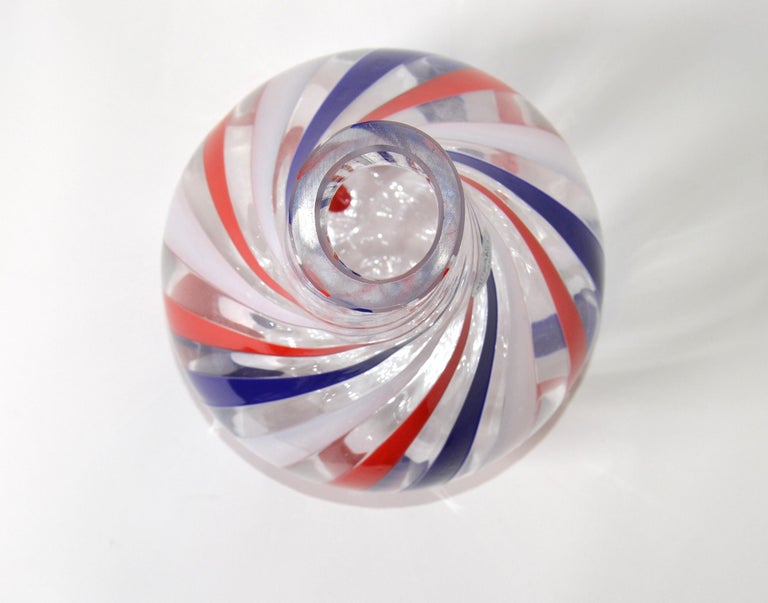 Marked Italian Blown Murano Decorative Vase Swirls of Red, White and Blue Color In Good Condition For Sale In Miami, FL