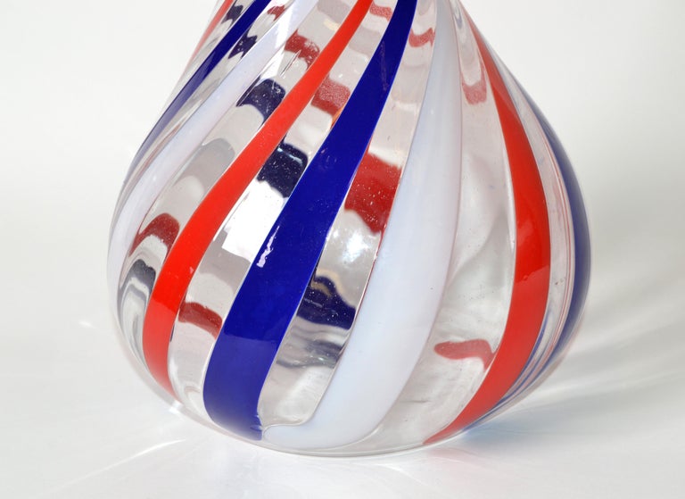 Murano Glass Marked Italian Blown Murano Decorative Vase Swirls of Red, White and Blue Color For Sale