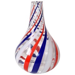 Vintage Marked Italian Blown Murano Decorative Vase Swirls of Red, White and Blue Color