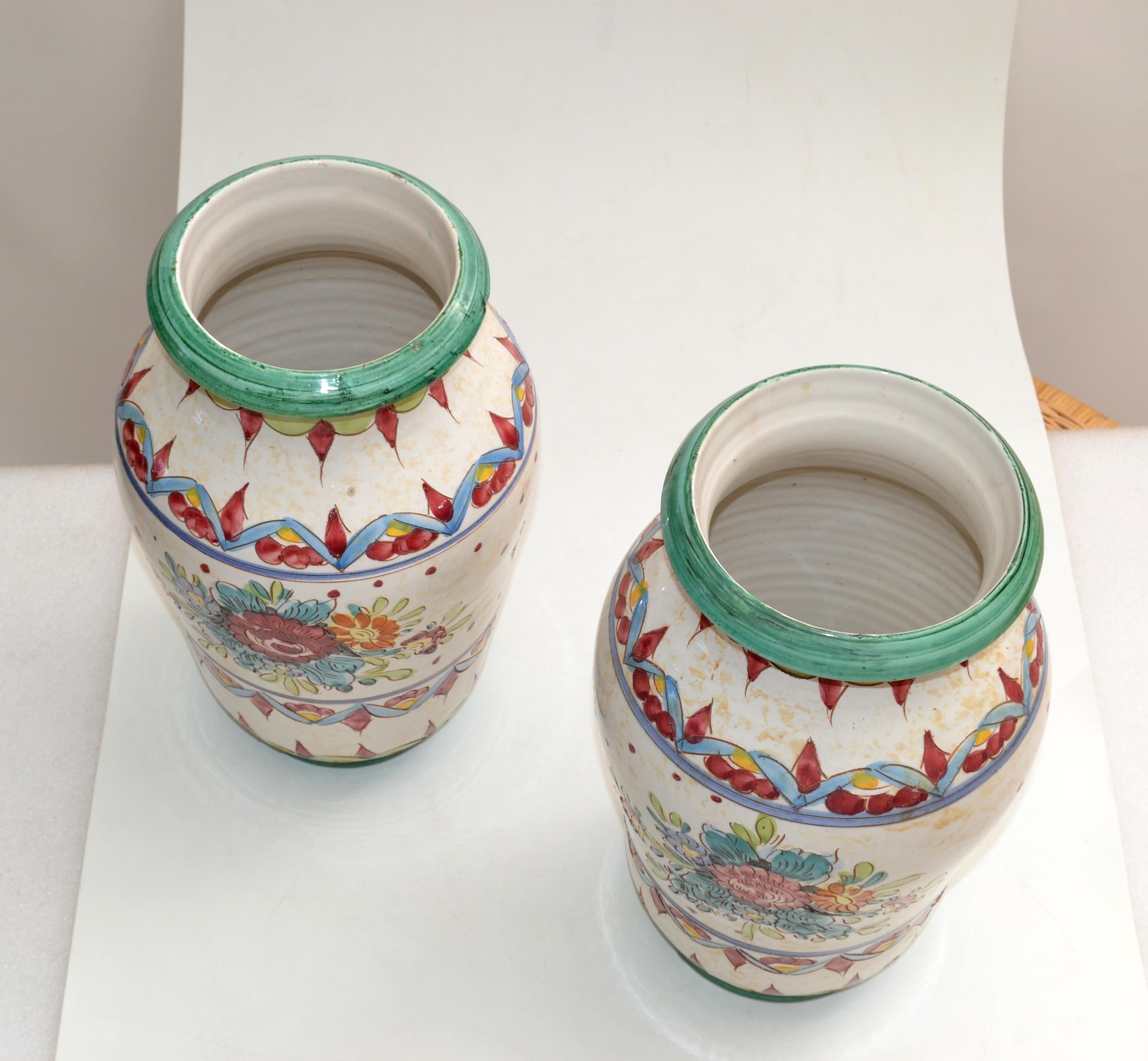20th Century Marked Italy Pottery Hand Painted Ceramic Vases Mint Green Pottery Deruta, Two For Sale