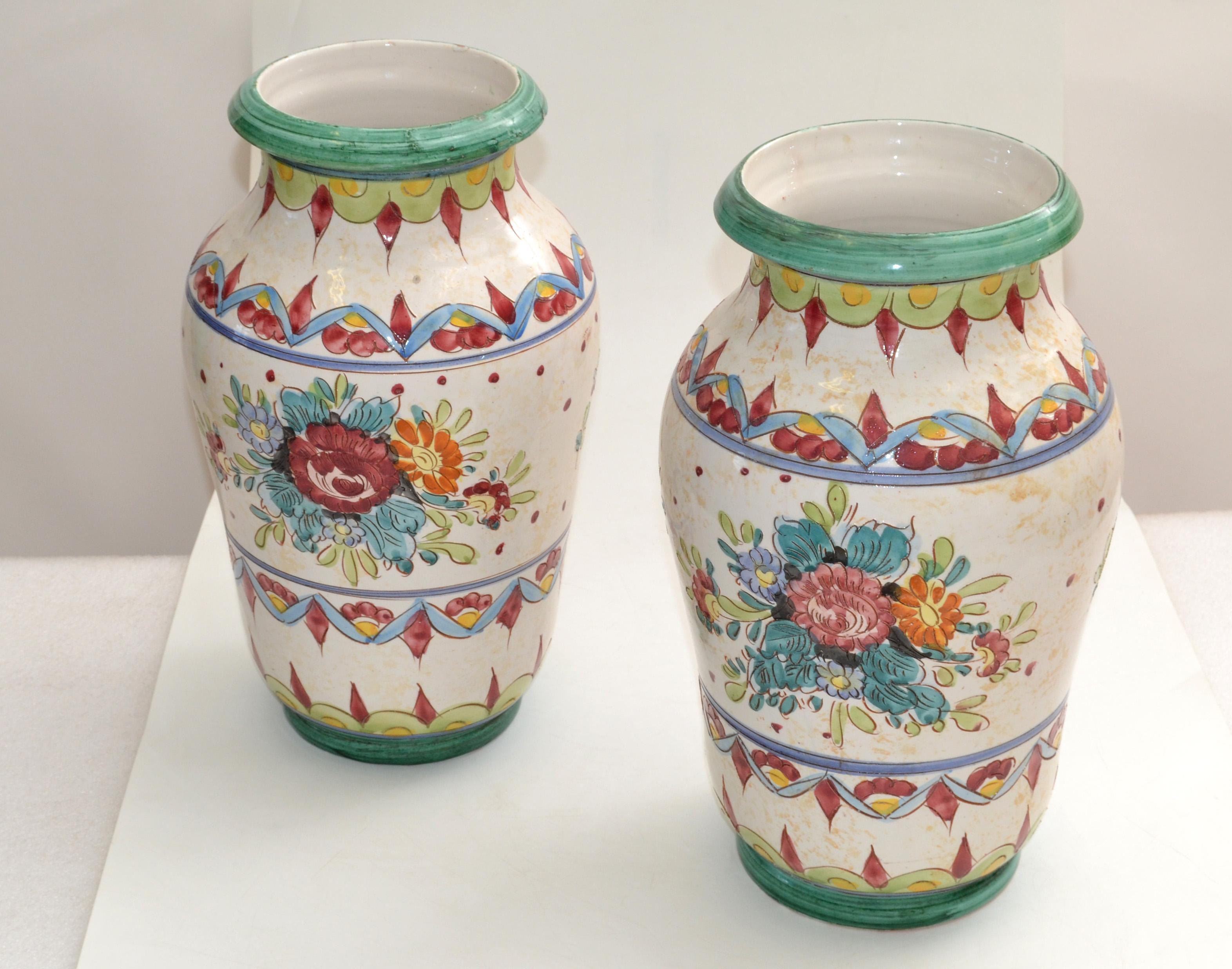 Marked Italy Pottery Hand Painted Ceramic Vases Mint Green Pottery Deruta, Two For Sale 2
