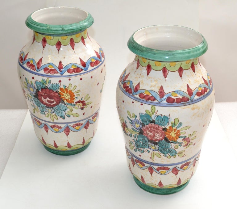 Marked Italy Pottery Hand Painted Ceramic Vases Mint Green Pottery