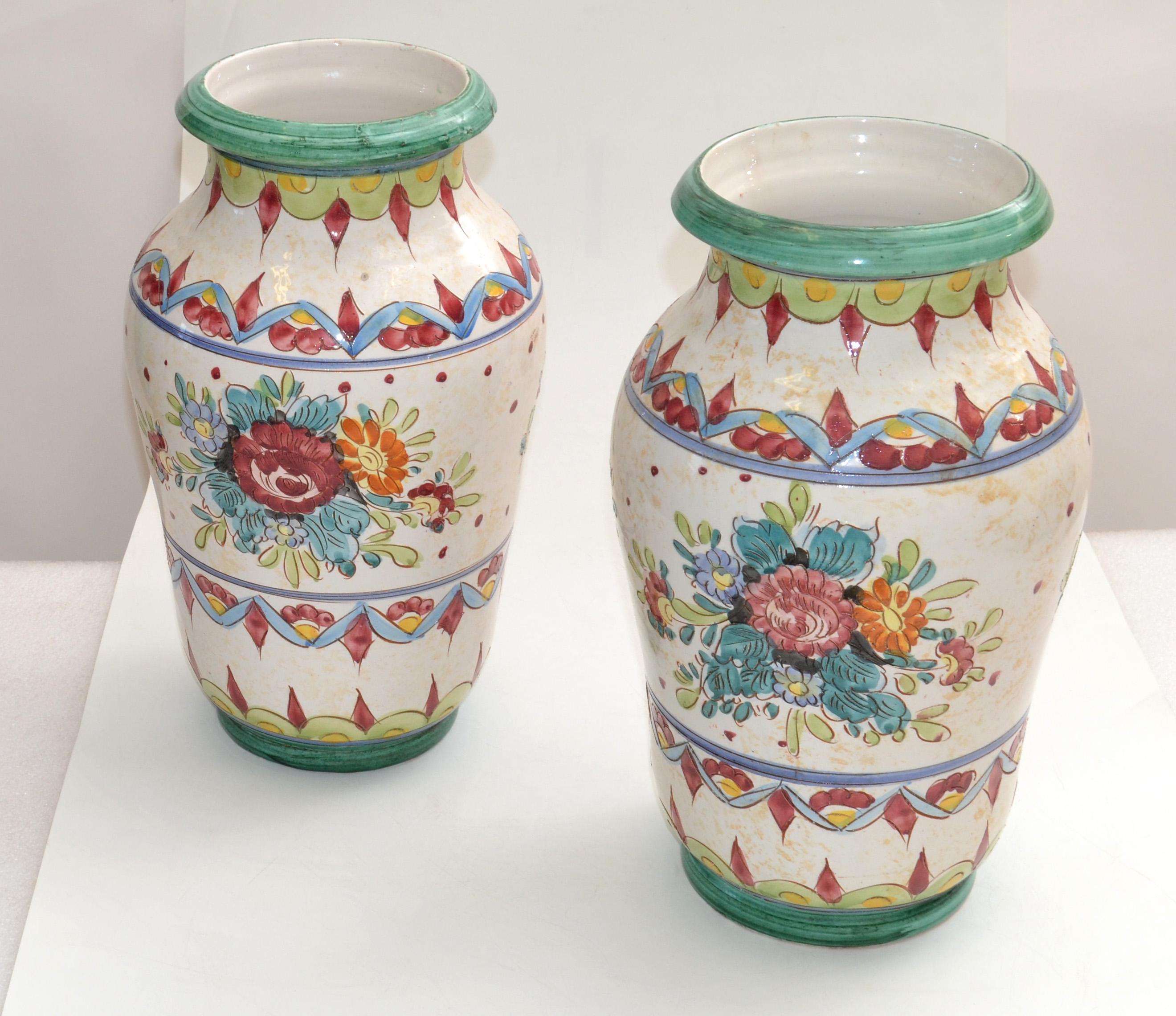 Mid-Century Modern Marked Italy Pottery Hand Painted Ceramic Vases Mint Green Pottery Deruta, Two For Sale