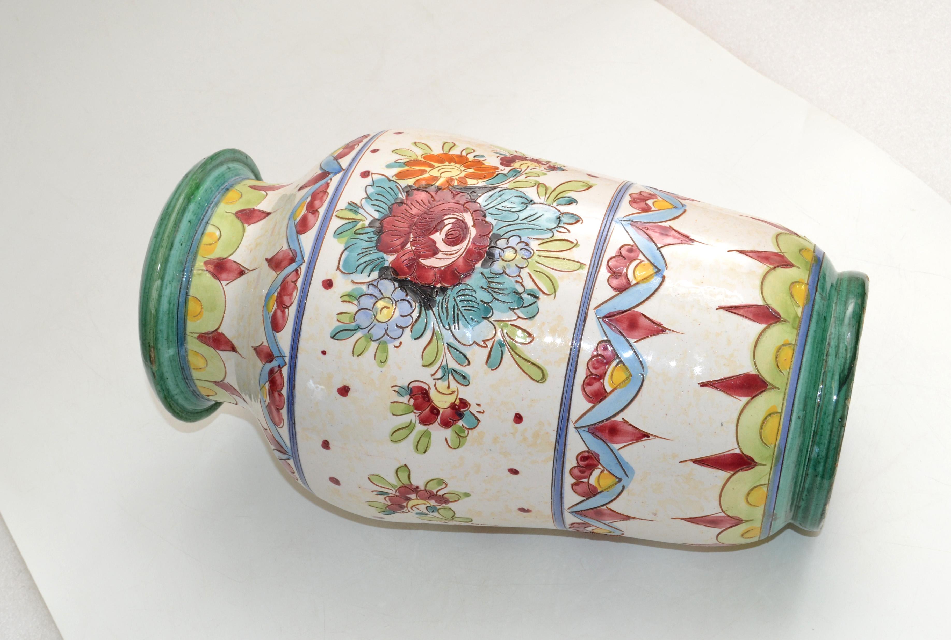 Italian Marked Italy Pottery Hand Painted Ceramic Vases Mint Green Pottery Deruta, Two For Sale