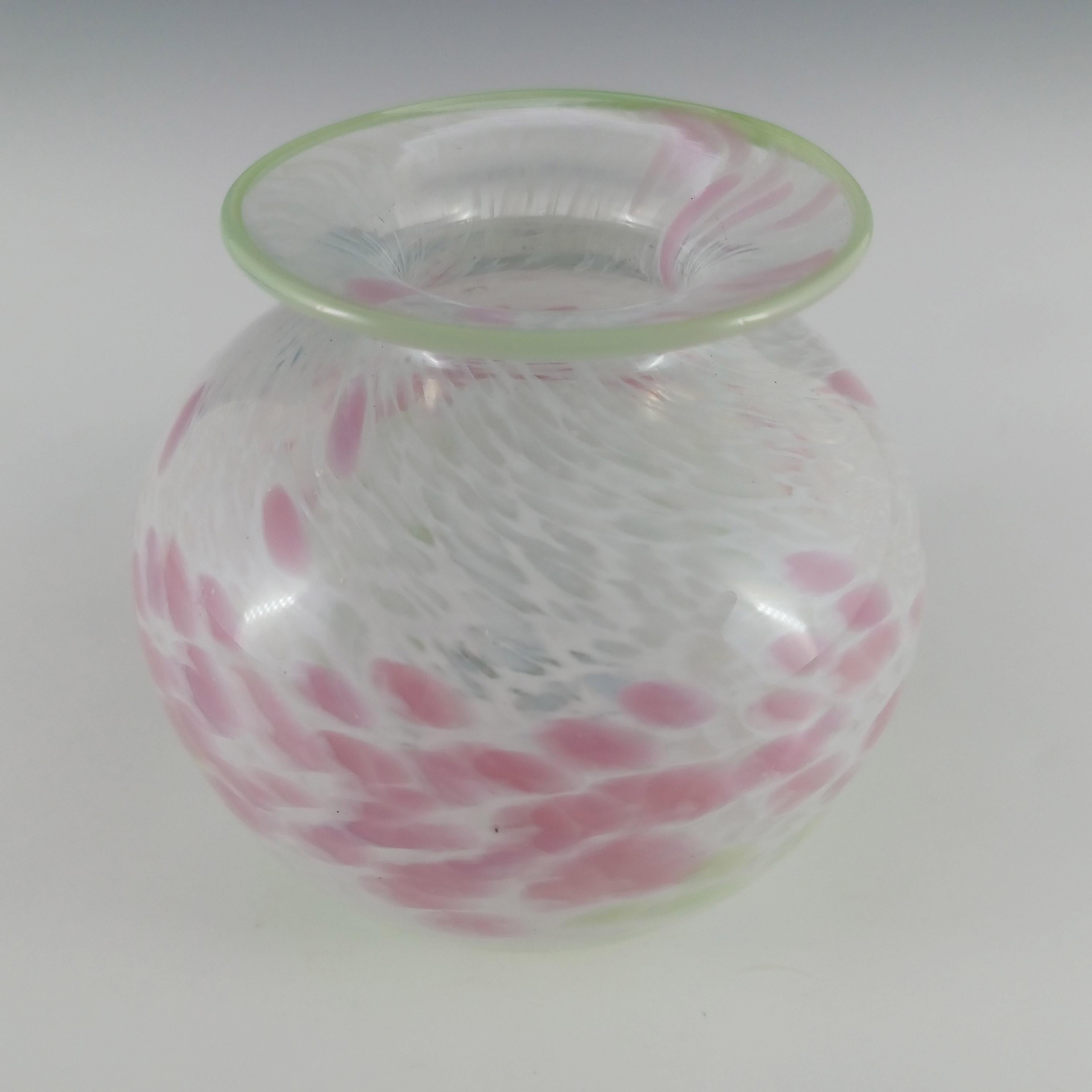 Irish MARKED Kerry Glass / Michael Harris Pink, Green & White Vase For Sale