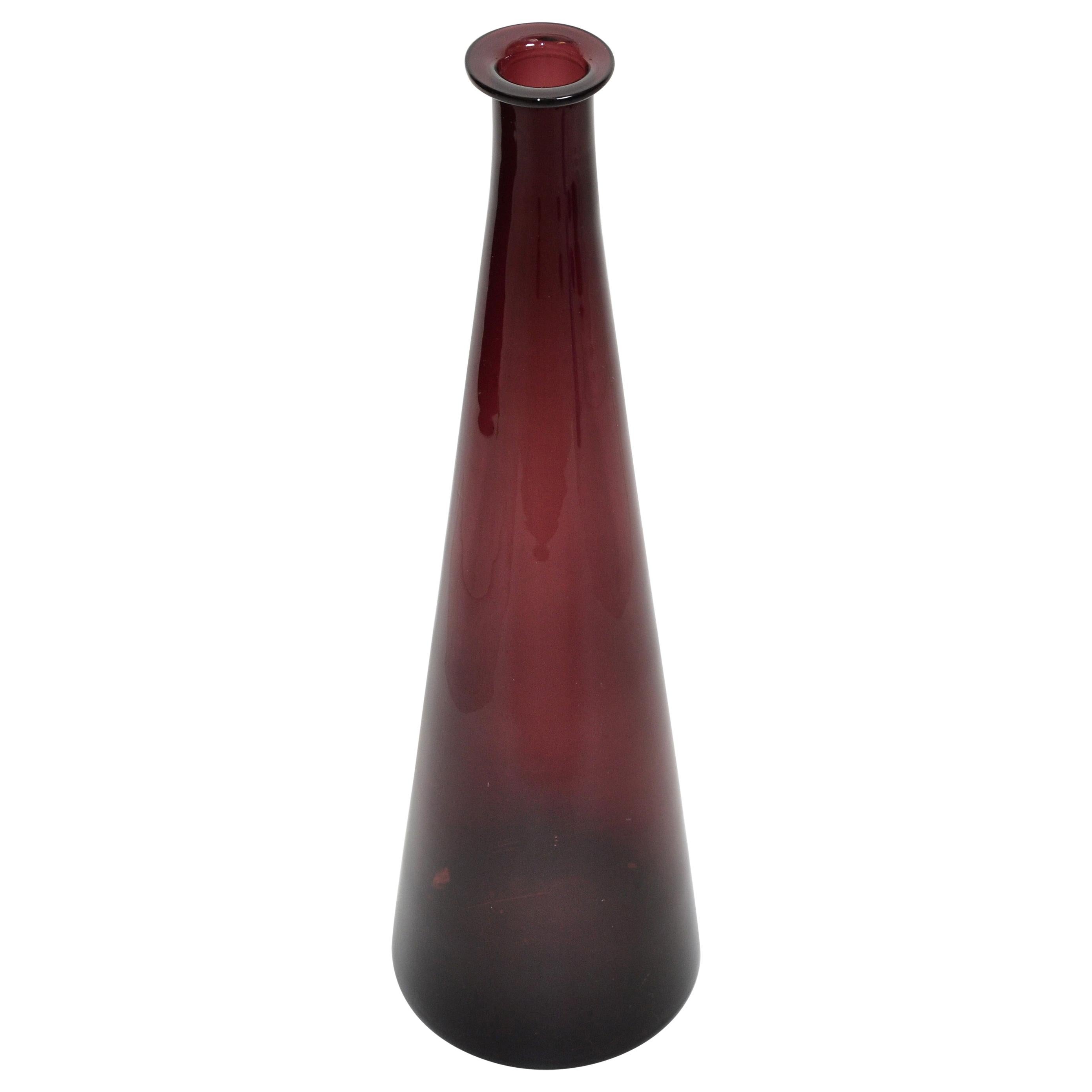 Marked Mid-Century Modern Blown Amethyst Purple Art Glass Vase or Decanter Italy