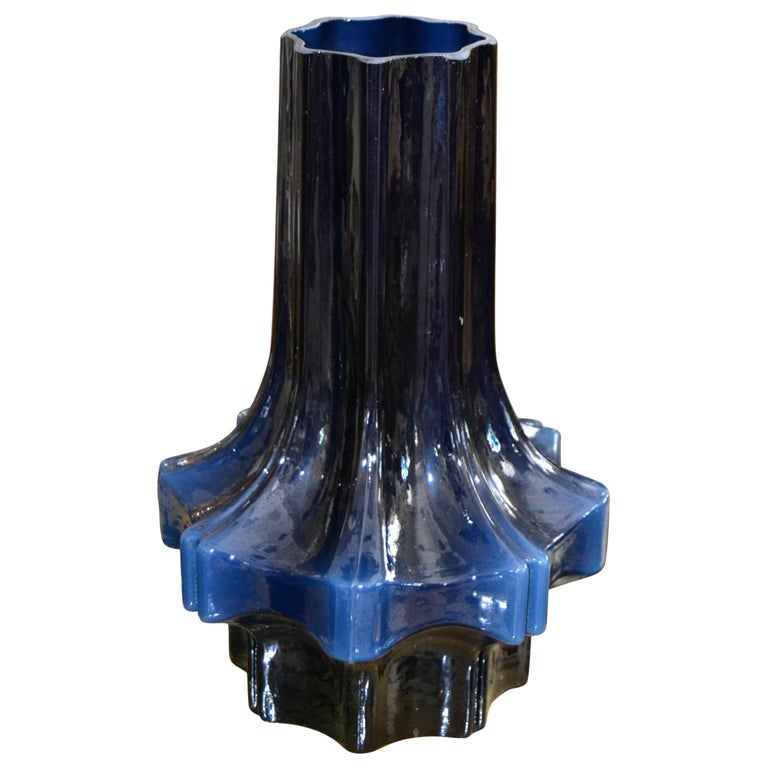 Marked MidCentury Modern Glaze Pottery Blue and Black Ceramic Star