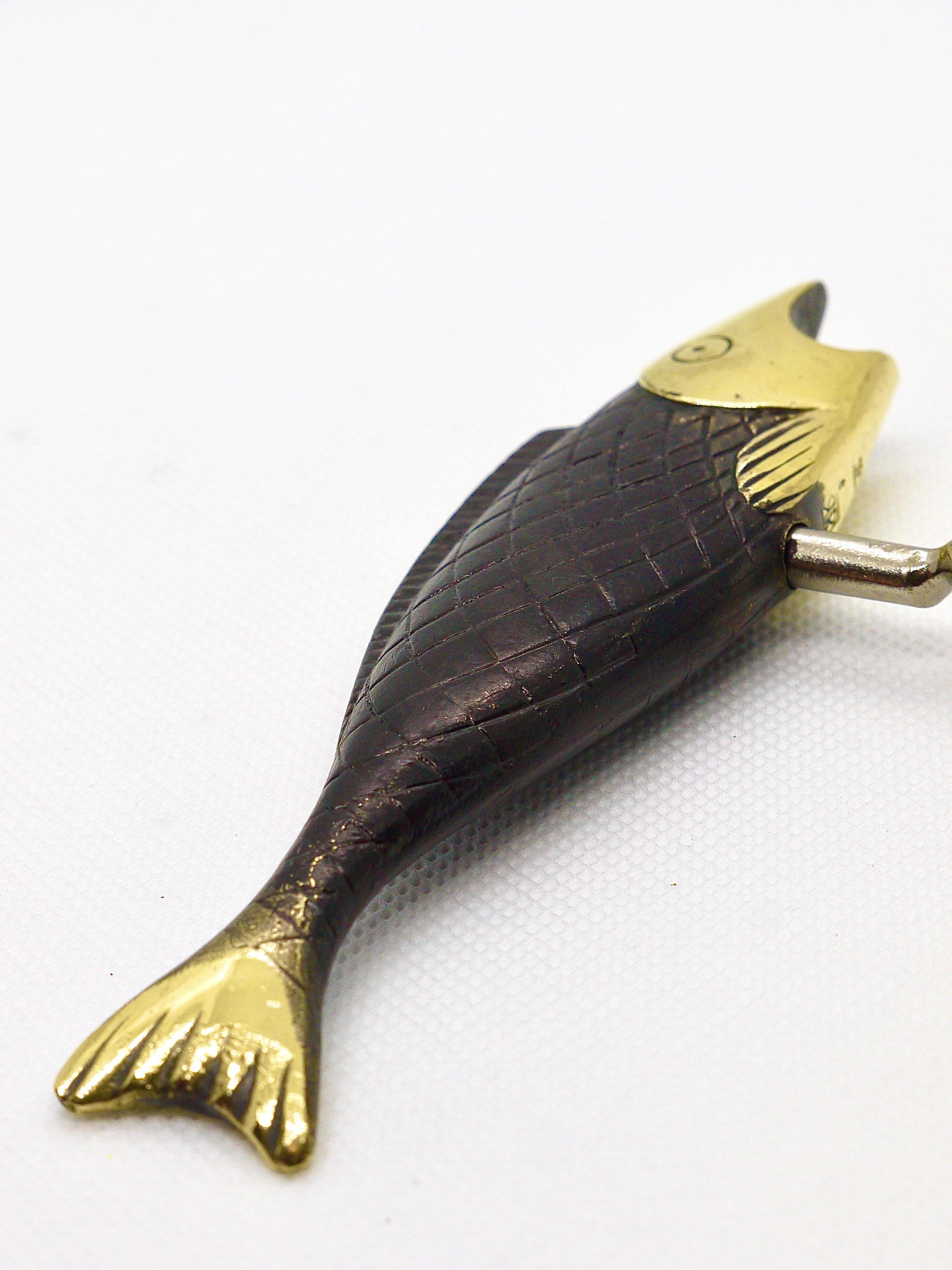 Marked Midcentury Solid Brass Fish Cork Screw and Bottle Opener Richard Rohac 4