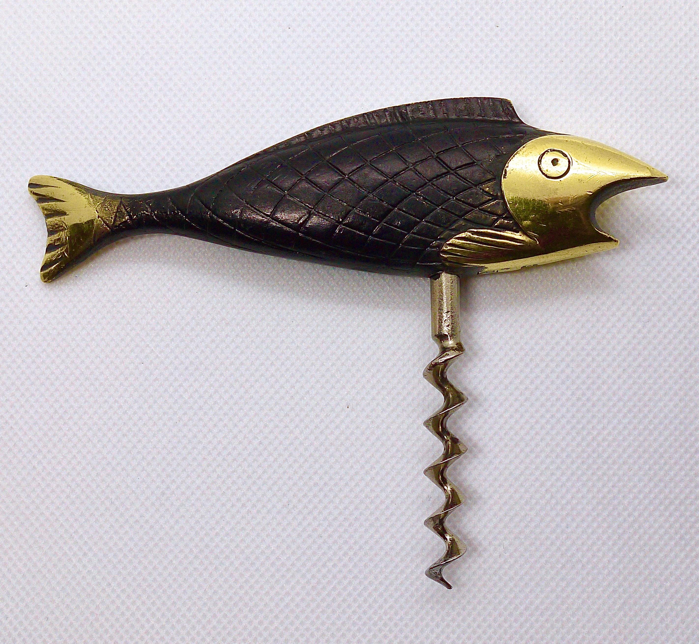 Mid-Century Modern Marked Midcentury Solid Brass Fish Cork Screw and Bottle Opener Richard Rohac