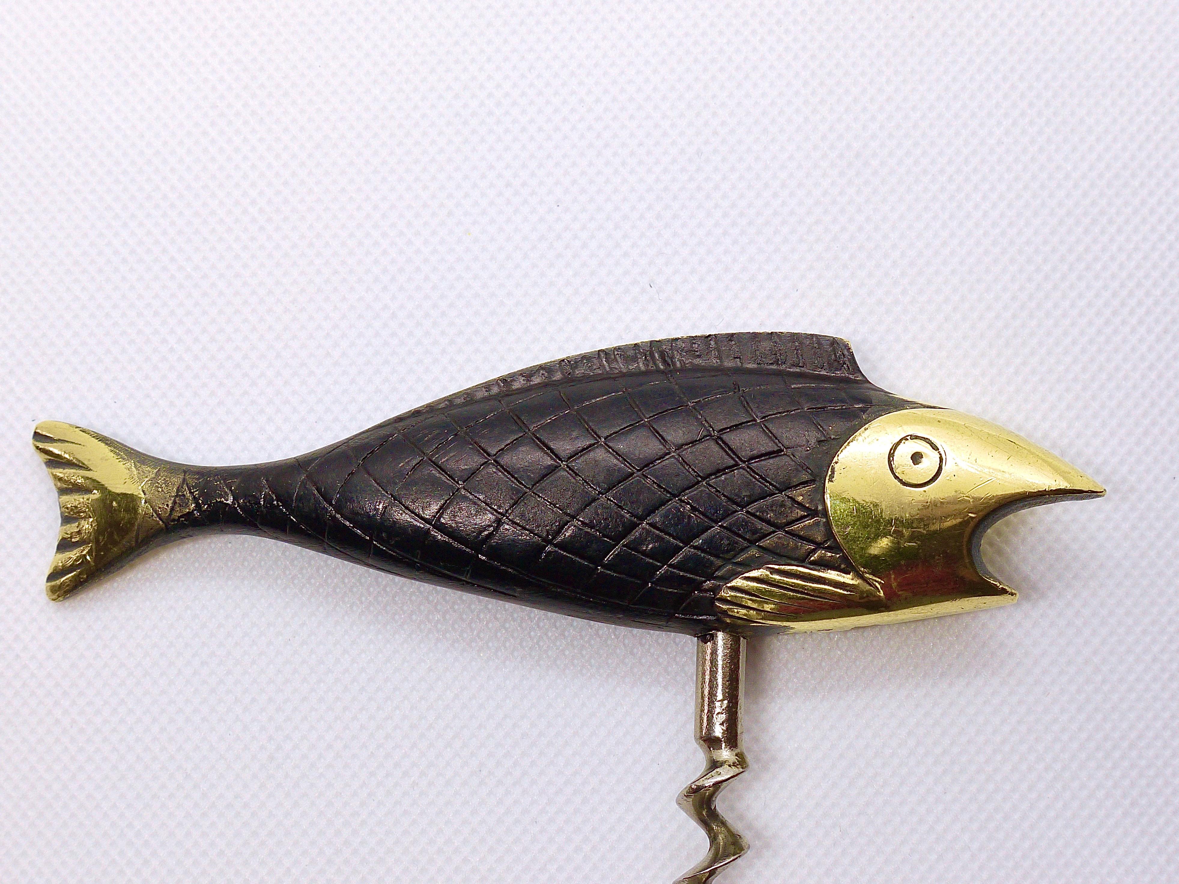 Austrian Marked Midcentury Solid Brass Fish Cork Screw and Bottle Opener Richard Rohac