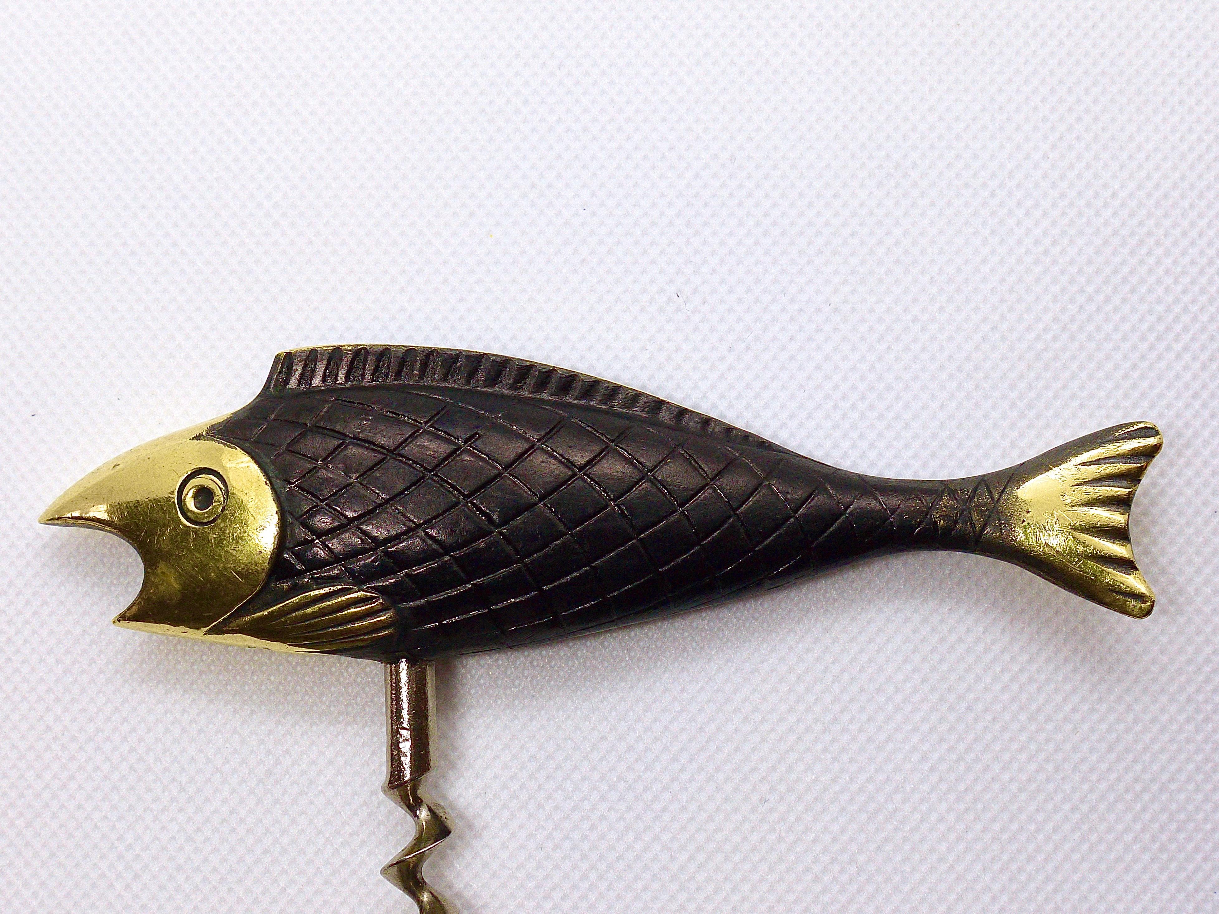 Marked Midcentury Solid Brass Fish Cork Screw and Bottle Opener Richard Rohac In Good Condition In Vienna, AT