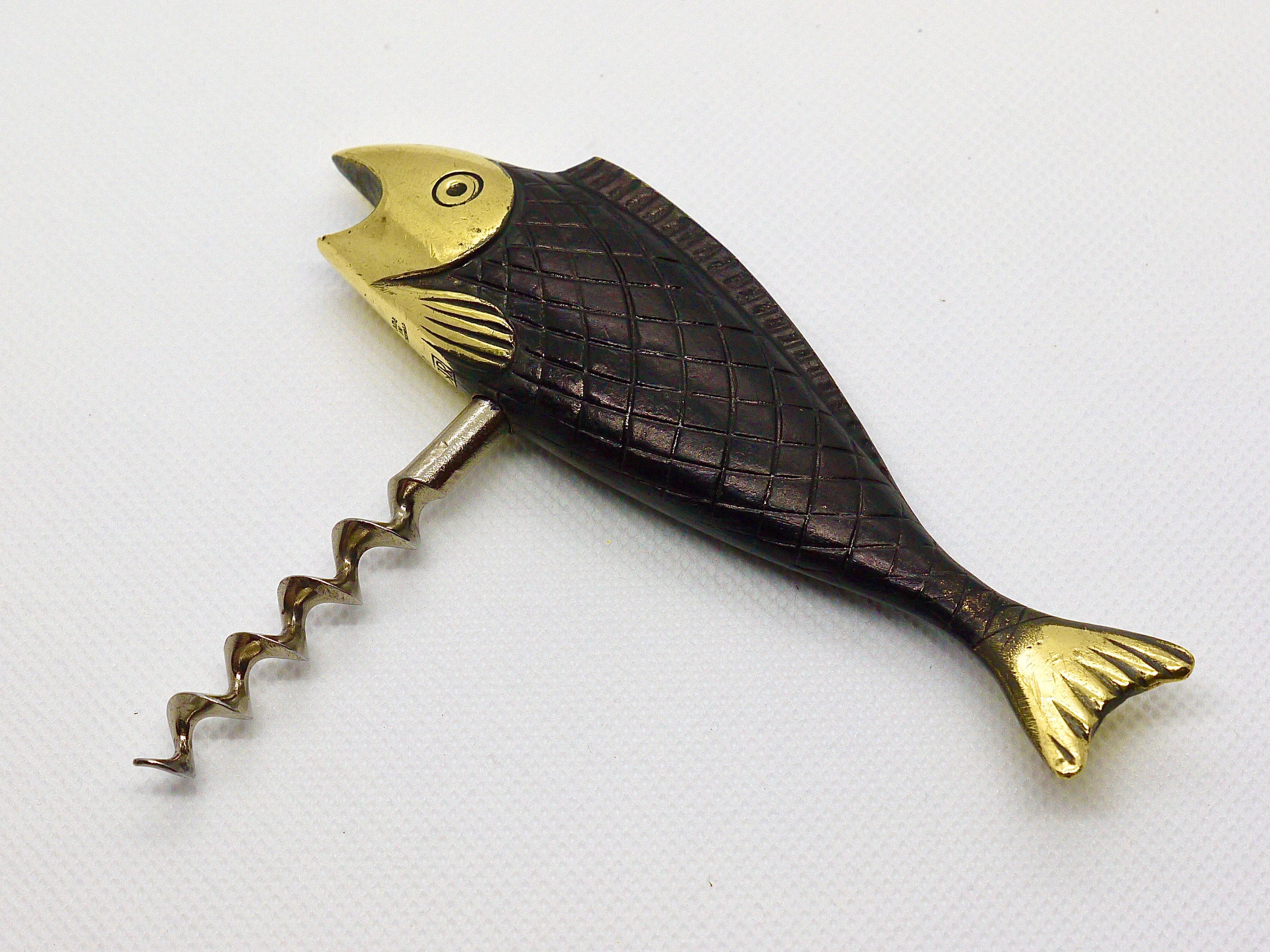 20th Century Marked Midcentury Solid Brass Fish Cork Screw and Bottle Opener Richard Rohac