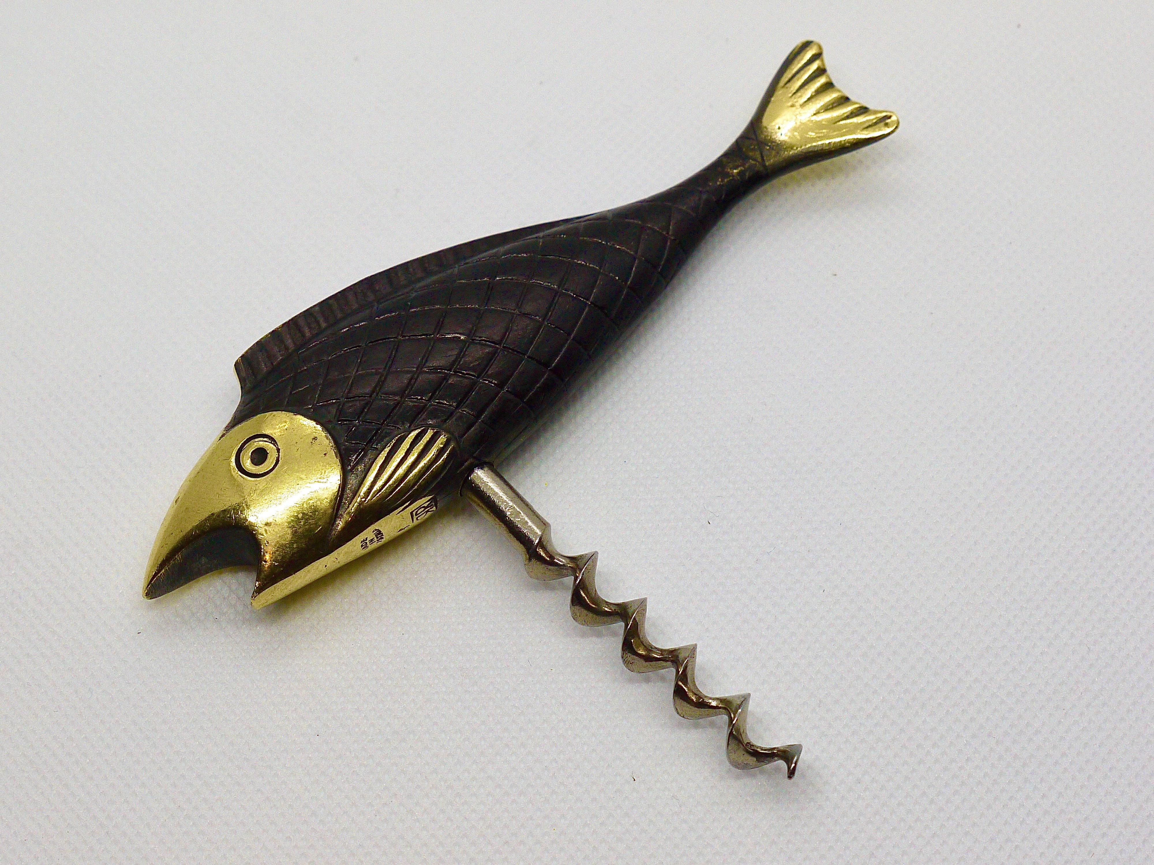 Marked Midcentury Solid Brass Fish Cork Screw and Bottle Opener Richard Rohac 1