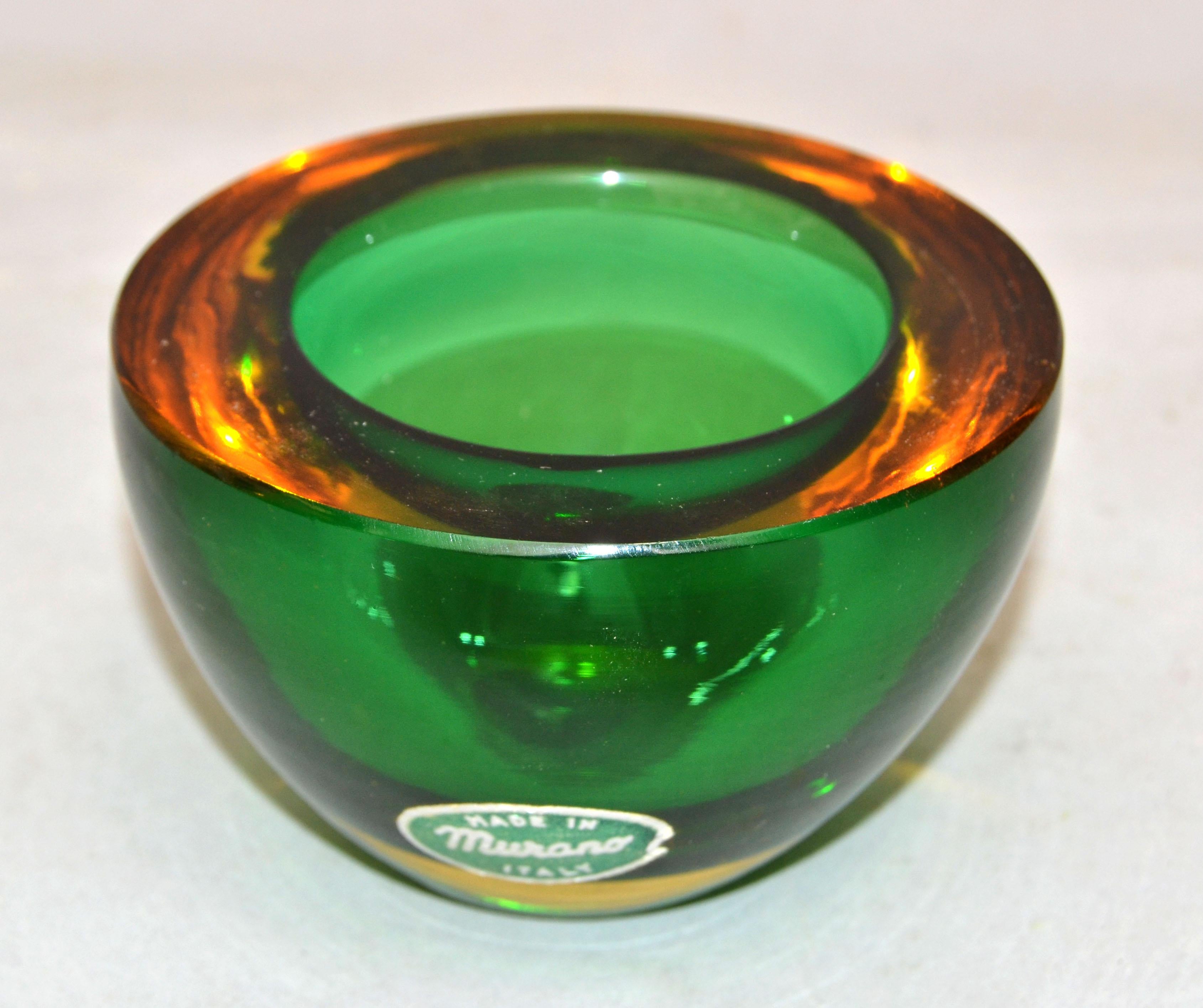 Marked Murano Art Glass Round Amber & Green Blown Glass Catchall Bowl Italy 1960 For Sale 2