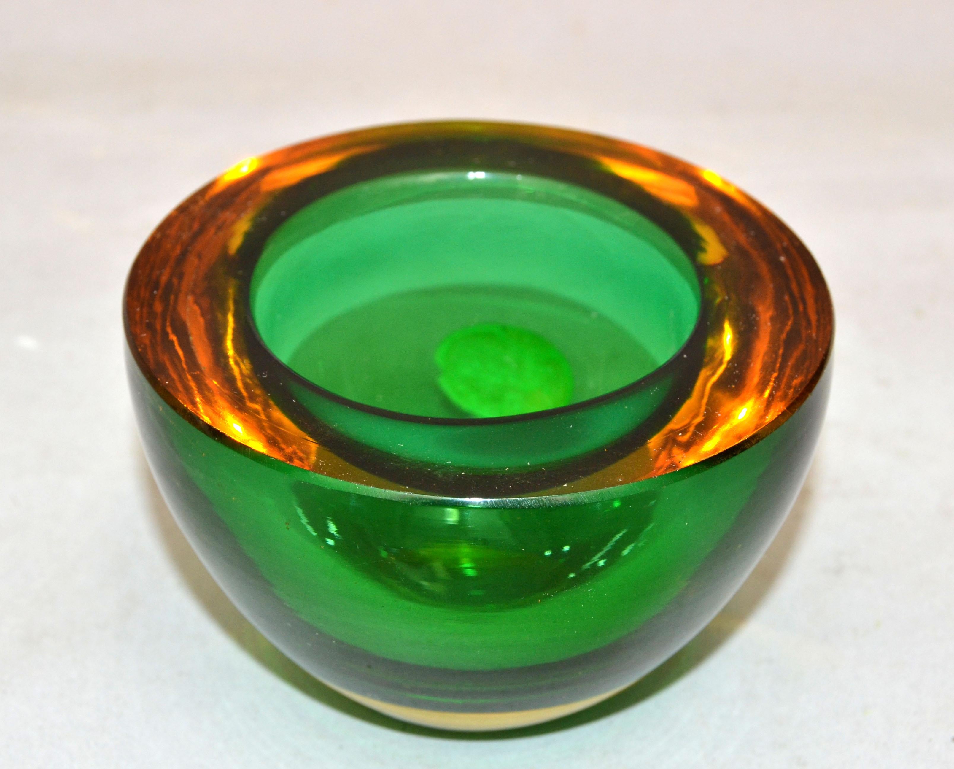 Marked Murano Art Glass Round Amber & Green Blown Glass Catchall Bowl Italy 1960 For Sale 3