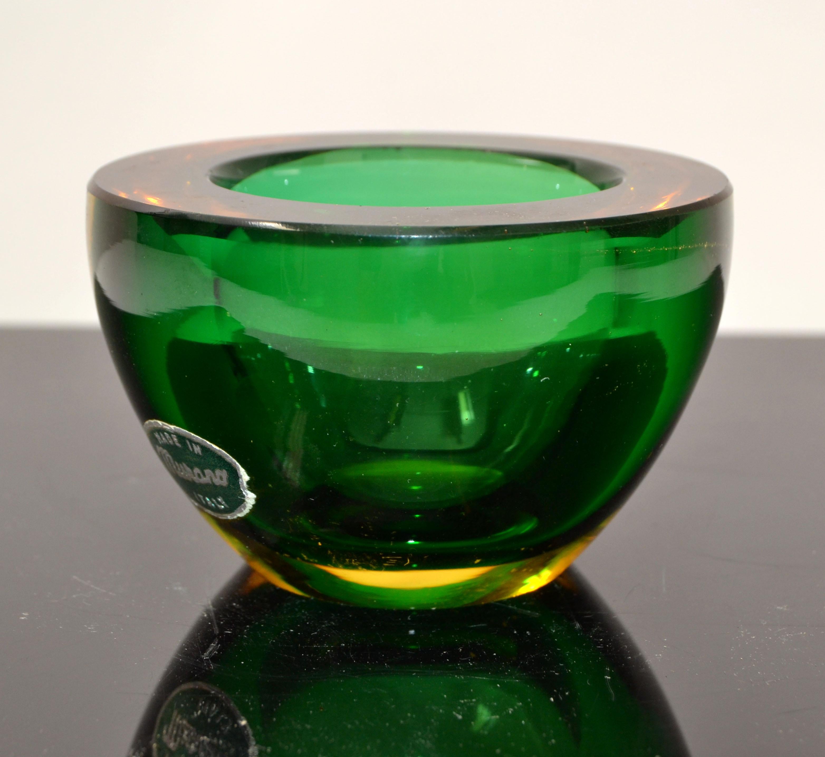 Mid-Century Modern Marked Murano Art Glass Round Amber & Green Blown Glass Catchall Bowl Italy 1960 For Sale