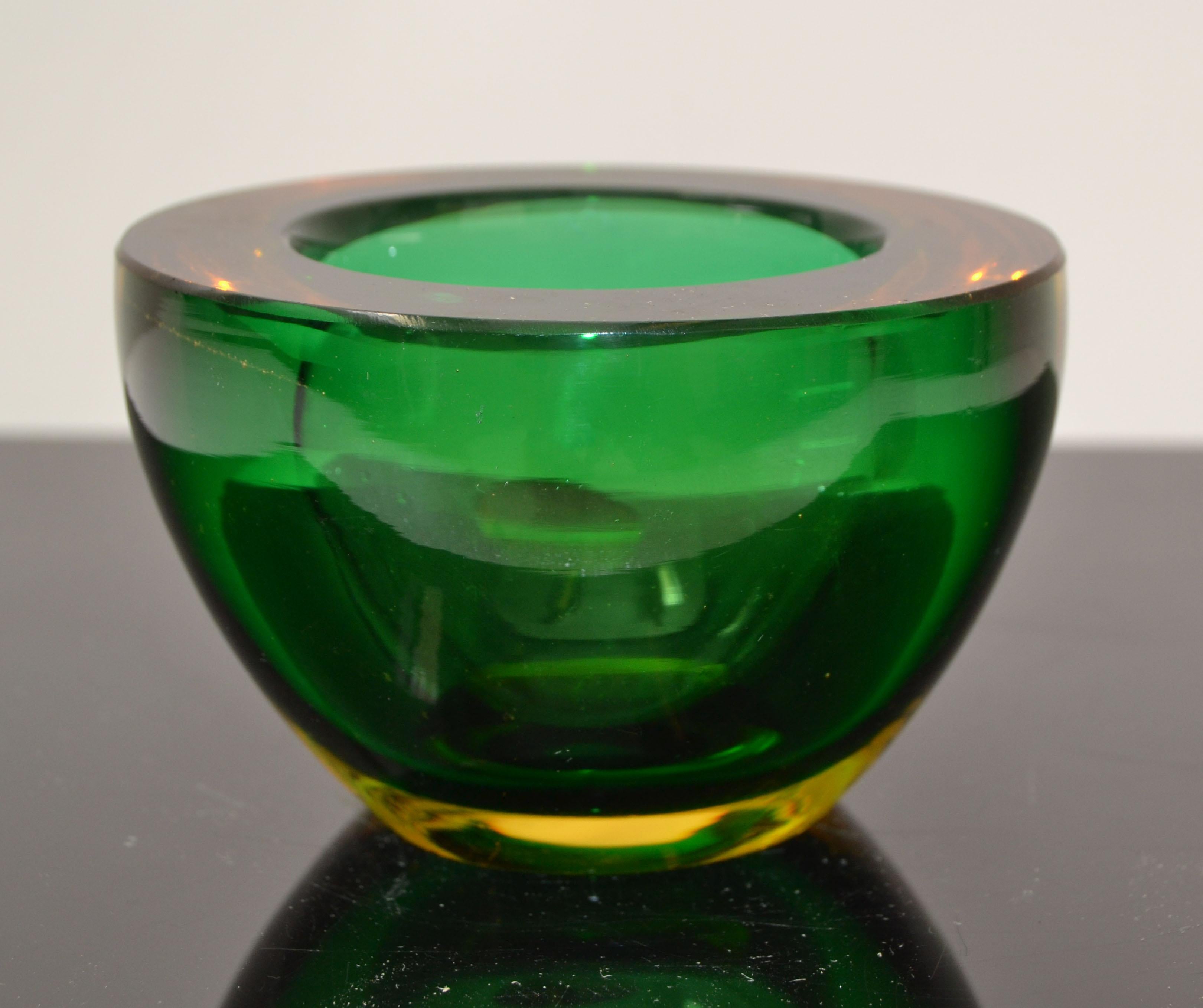Mid-Century Modern Marked Murano Art Glass Round Amber & Green Blown Glass Catchall Bowl Italy 1960 For Sale