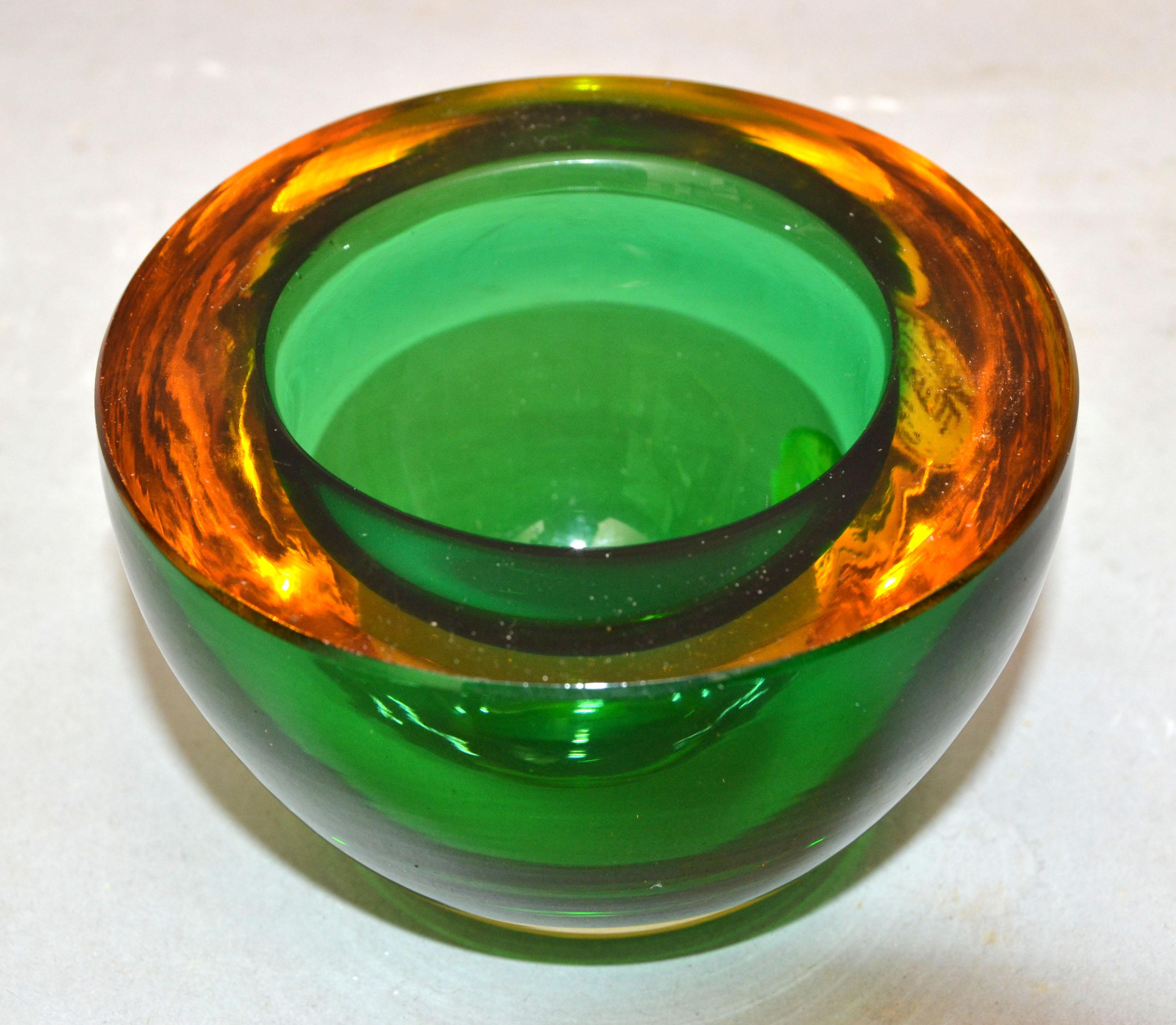 Hand-Crafted Marked Murano Art Glass Round Amber & Green Blown Glass Catchall Bowl Italy 1960 For Sale