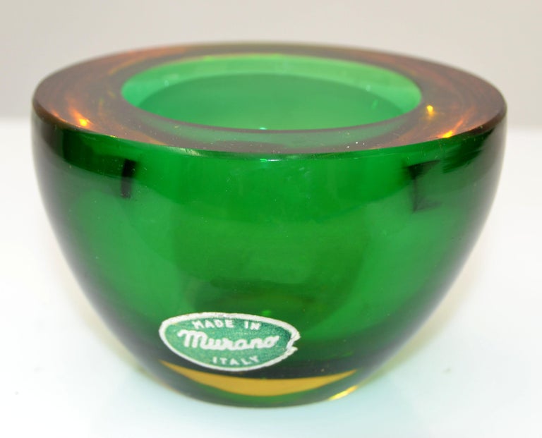 Marked Murano Art Glass Round Amber and Green Blown Glass Catchall Bowl