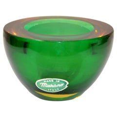 Marked Murano Art Glass Round Amber & Green Blown Glass Catchall Bowl Italy 1960