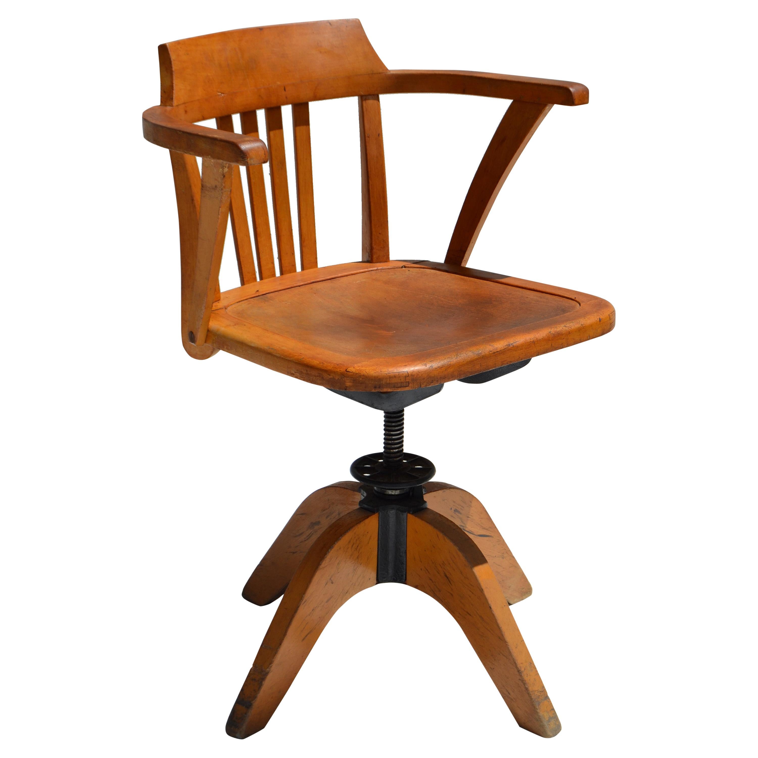 Marked Stella Oak Swivel & Height Adjustable Desk Chair Eames Era France 1950  For Sale