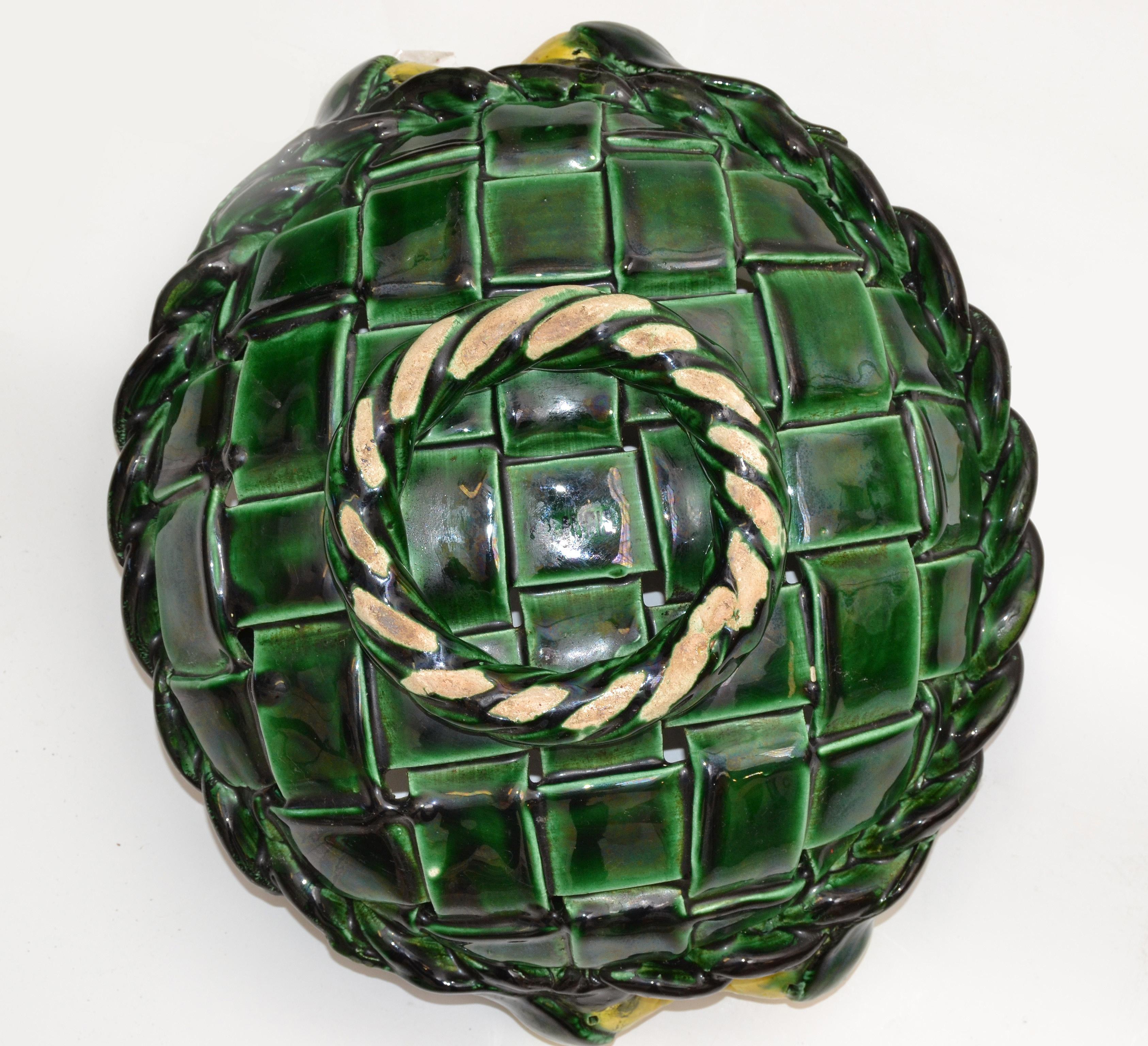 Marked Vallauris France Ceramic Lemon Basket Green & Yellow Mid-Century Modern For Sale 3
