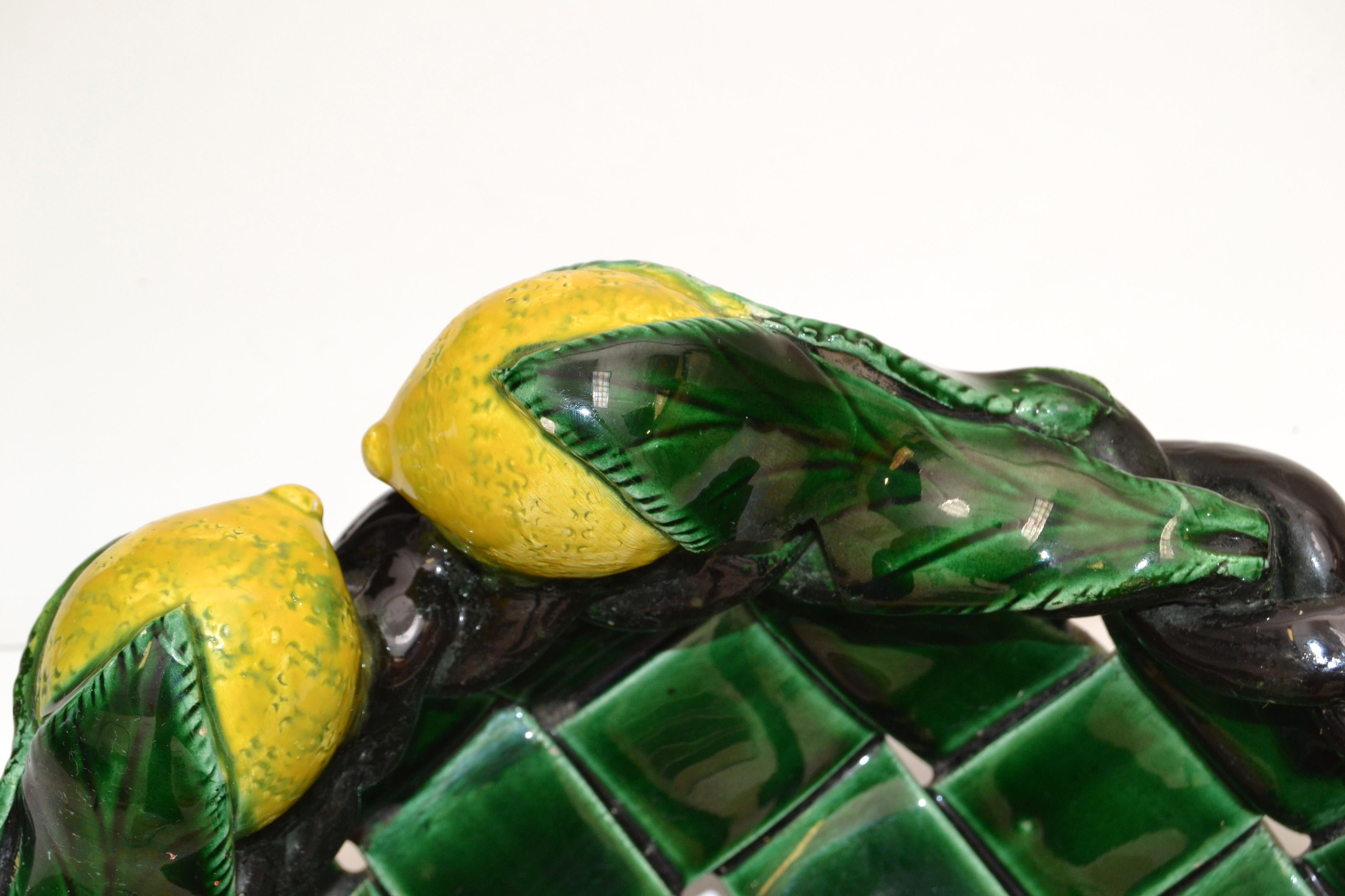 Marked Vallauris France Ceramic Lemon Basket Green & Yellow Mid-Century Modern For Sale 4