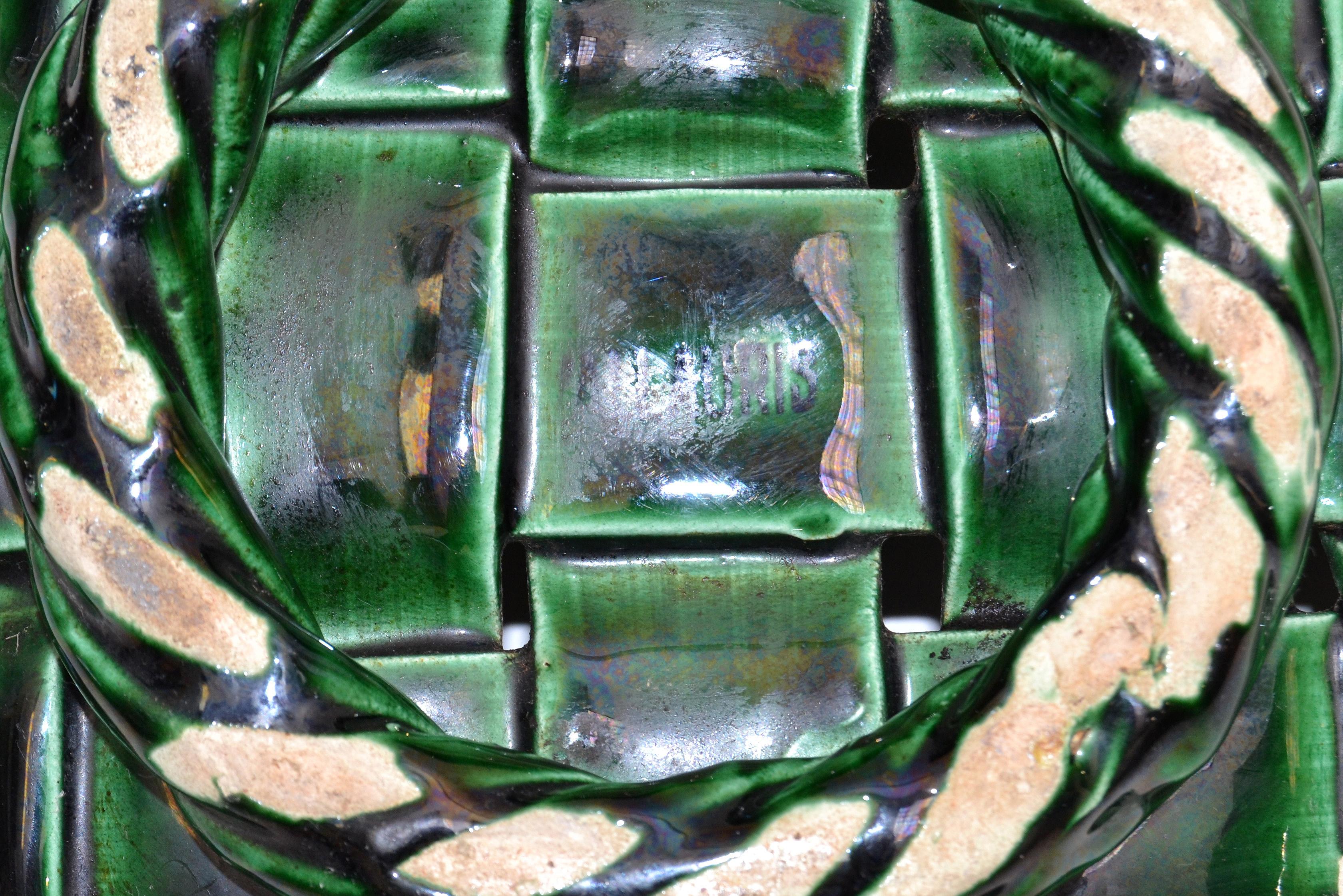 Marked Vallauris France Ceramic Lemon Basket Green & Yellow Mid-Century Modern For Sale 5