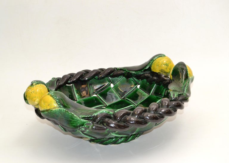 Marked Vallauris France Ceramic Lemon Basket Green & Yellow Mid-Century Modern For Sale 7