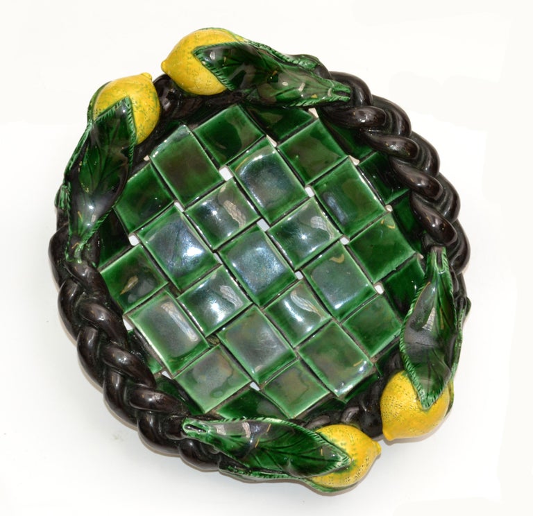French Marked Vallauris France Ceramic Lemon Basket Green & Yellow Mid-Century Modern For Sale