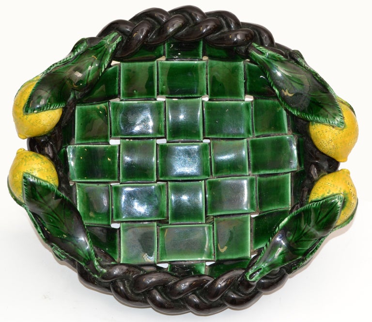 Glazed Marked Vallauris France Ceramic Lemon Basket Green & Yellow Mid-Century Modern For Sale