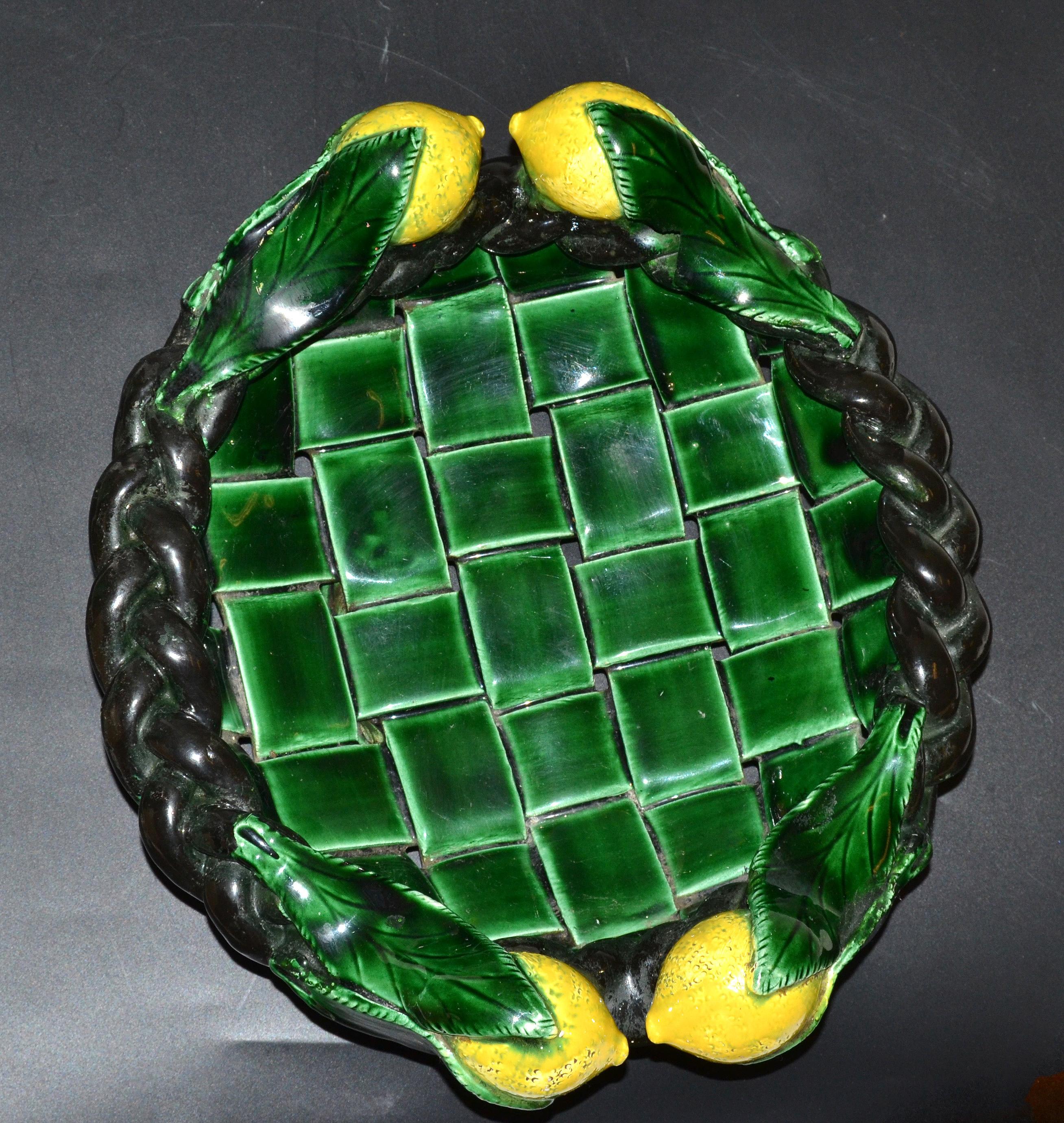 Hand-Crafted Marked Vallauris France Ceramic Lemon Basket Green & Yellow Mid-Century Modern For Sale