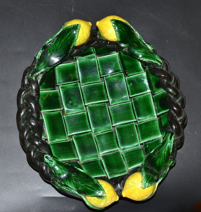 Marked Vallauris France Ceramic Lemon Basket Green & Yellow Mid-Century Modern In Good Condition For Sale In Miami, FL