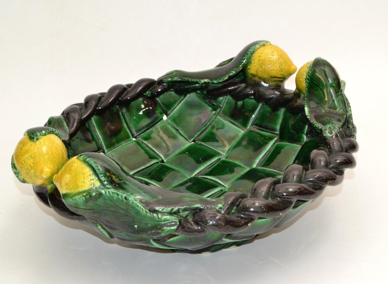 20th Century Marked Vallauris France Ceramic Lemon Basket Green & Yellow Mid-Century Modern For Sale
