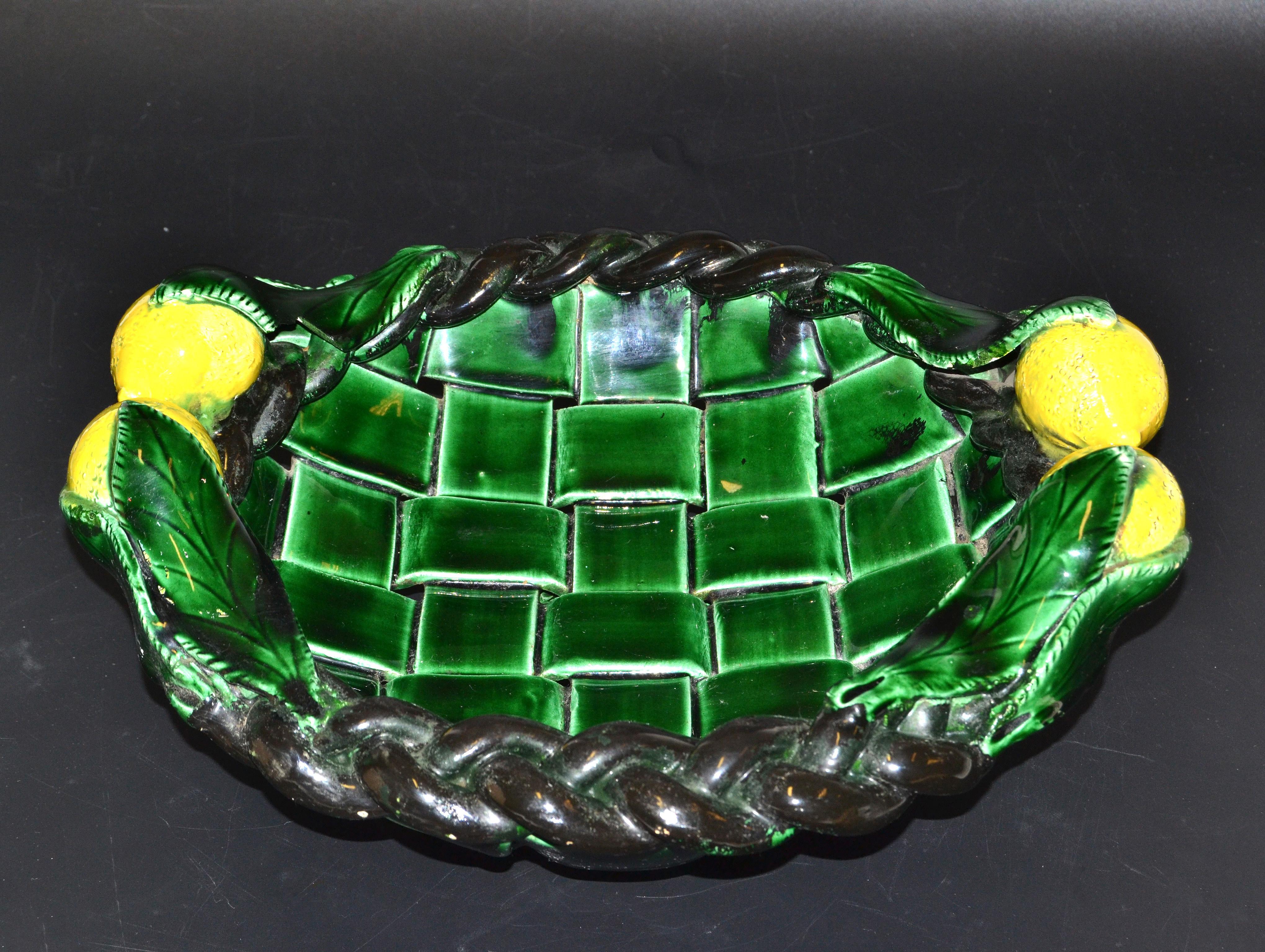 Marked Vallauris France Ceramic Lemon Basket Green & Yellow Mid-Century Modern For Sale 1
