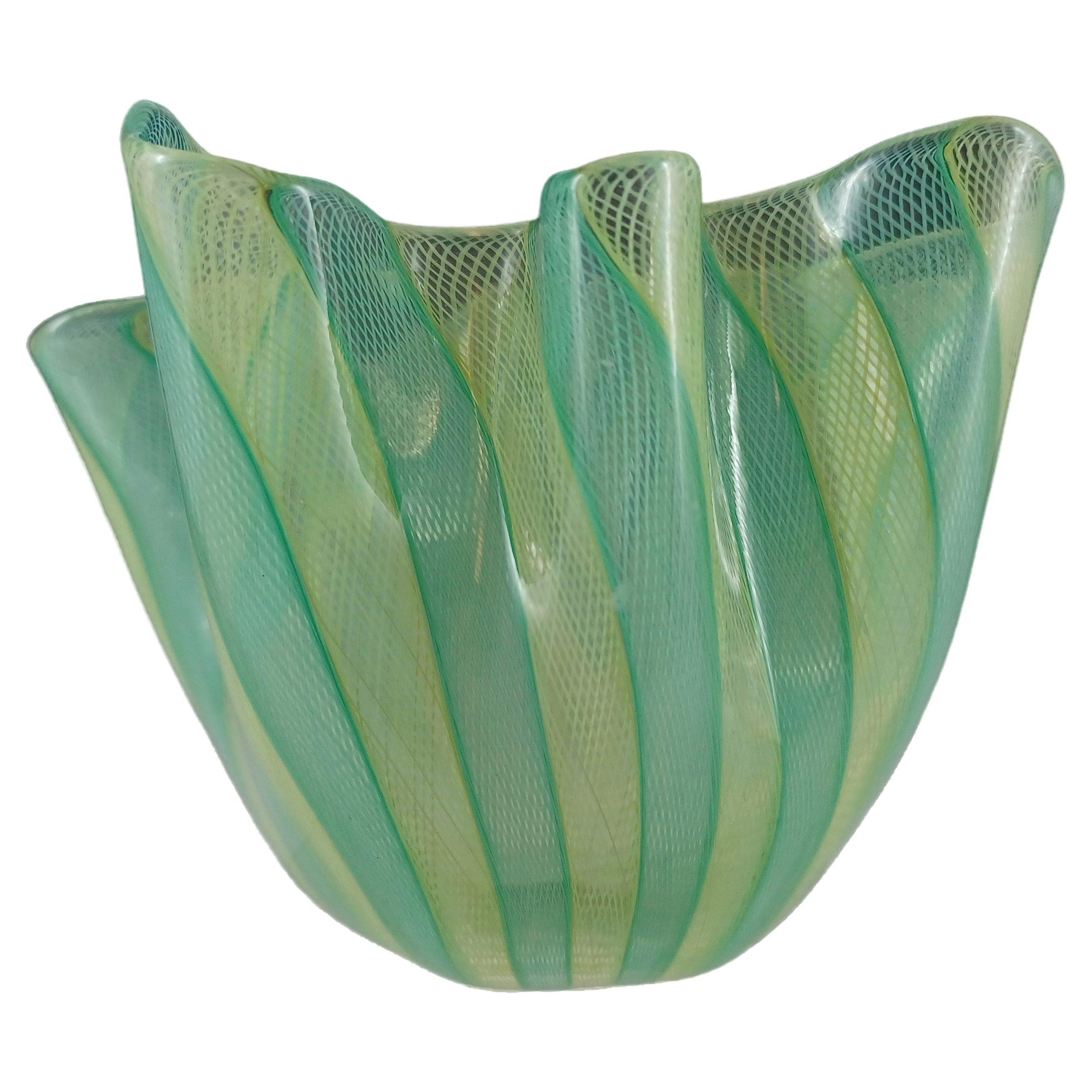 MARKED Venini Murano Green & Yellow Glass Zanfirico Fazzoletto Vase For Sale