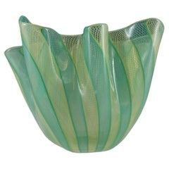 Vintage MARKED Venini Murano Green & Yellow Glass Zanfirico Fazzoletto Vase