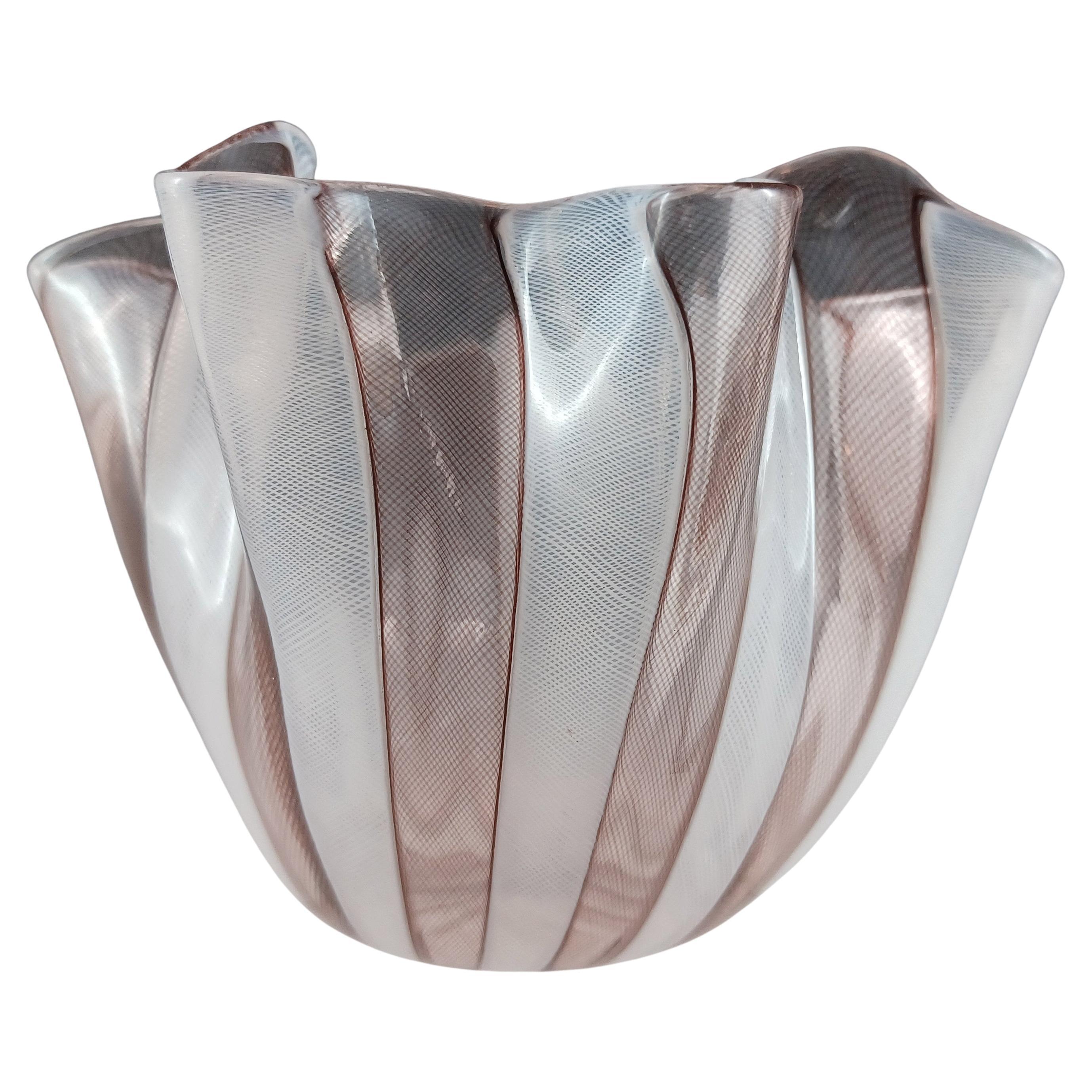 MARKED Venini Murano Purple & White Glass Zanfirico Fazzoletto Vase