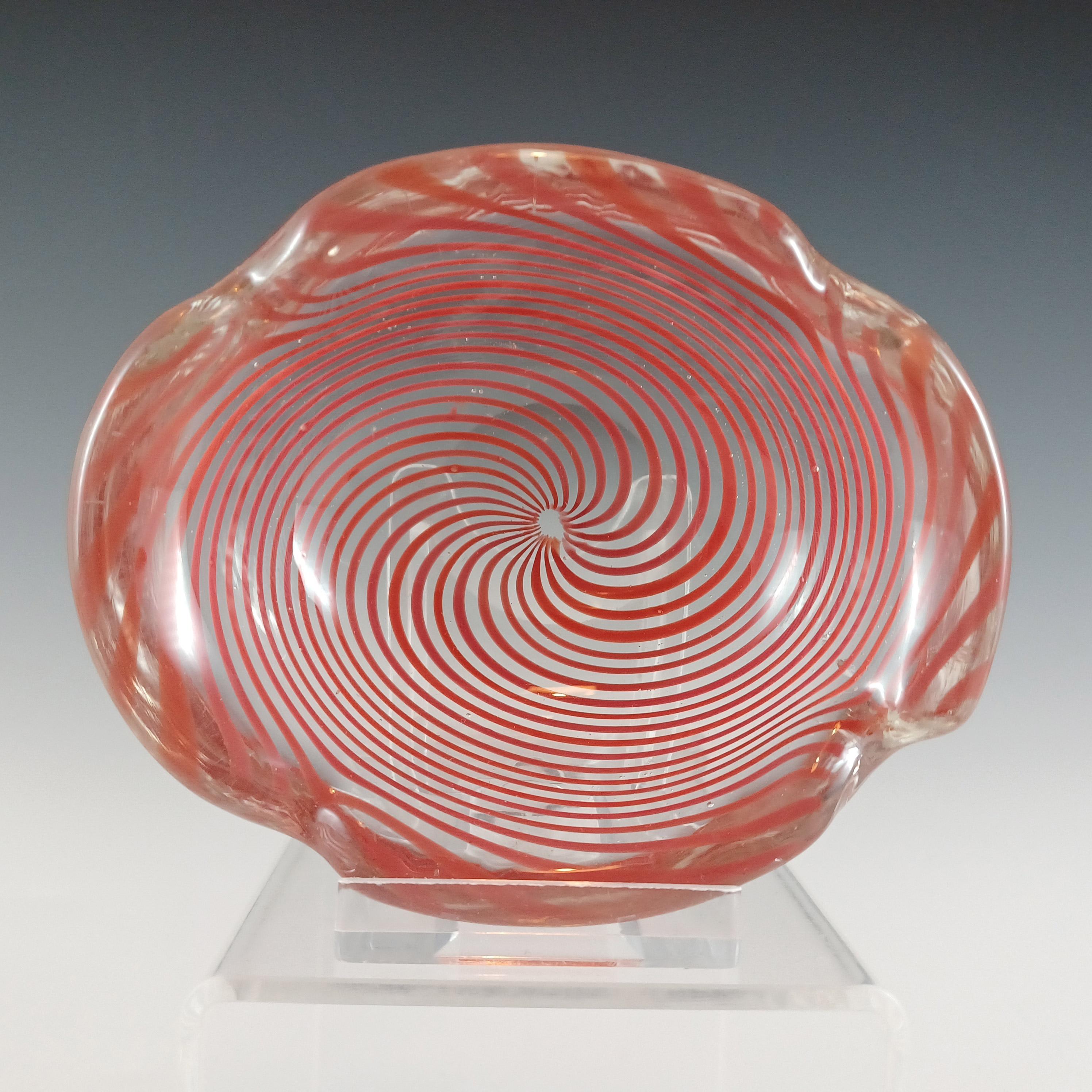 Here is an exquisite 1950's Venetian orange & clear glass bowl with spiralling filigree pattern. Made on the island of Murano, near Venice, Italy, by famous manufacturers Venini, and bears their four line acid stamp manufacturing mark to the base,