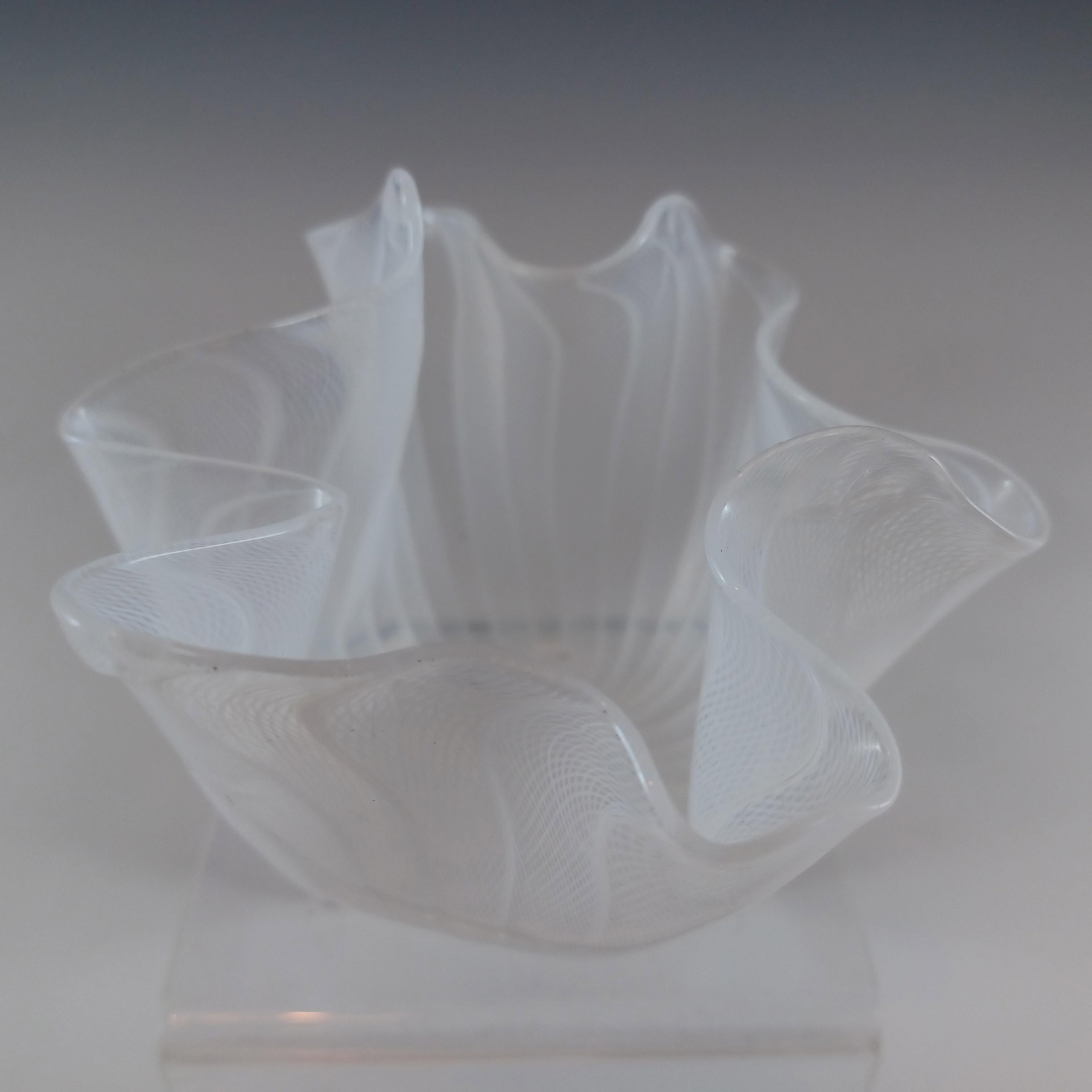 Mid-20th Century MARKED Venini Murano White Glass Zanfirico Fazzoletto Vase For Sale