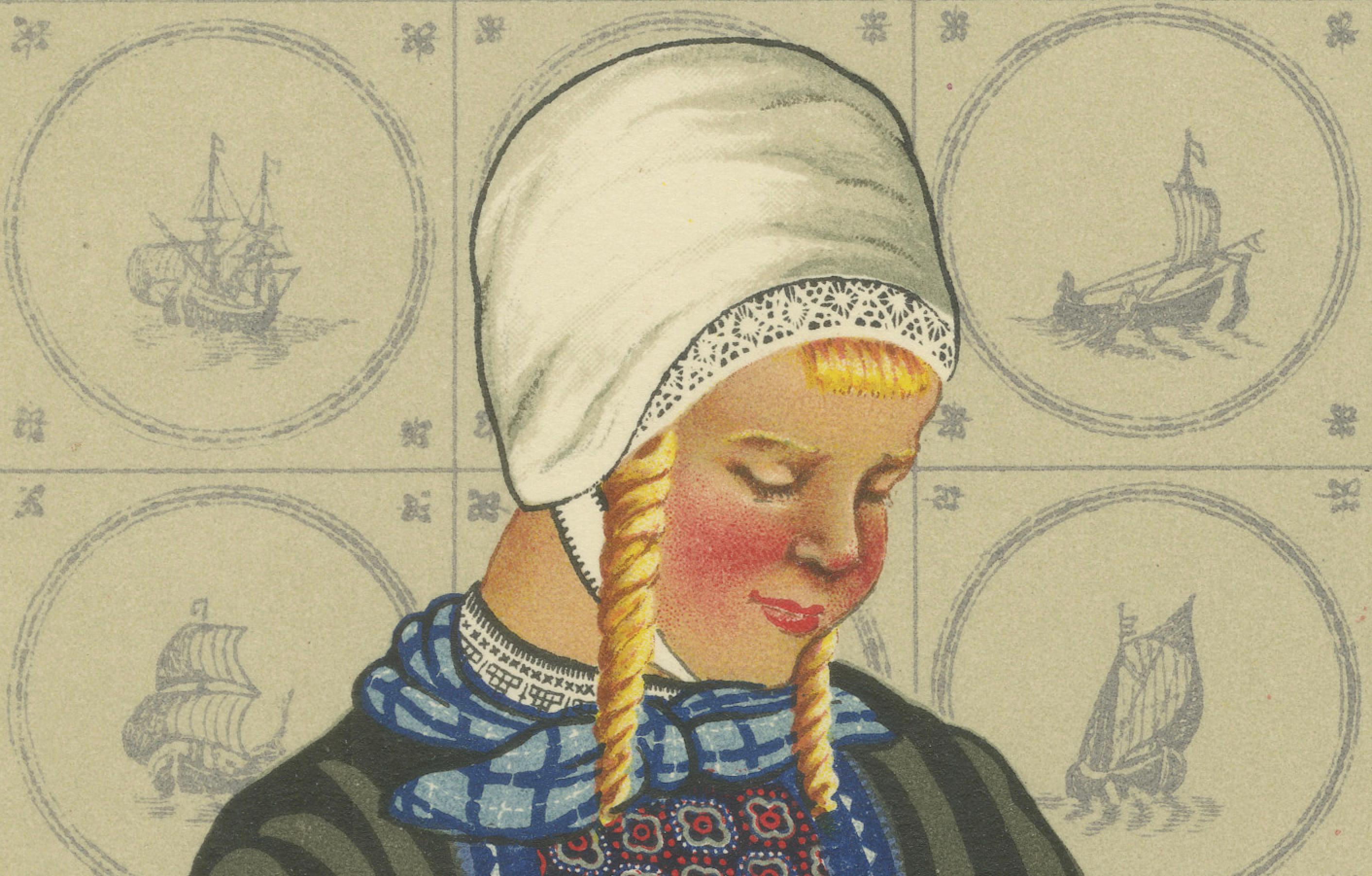 Marken Trauerndes Kleid, Original 1932, niederländischer Kostümdruck (Papier) im Angebot